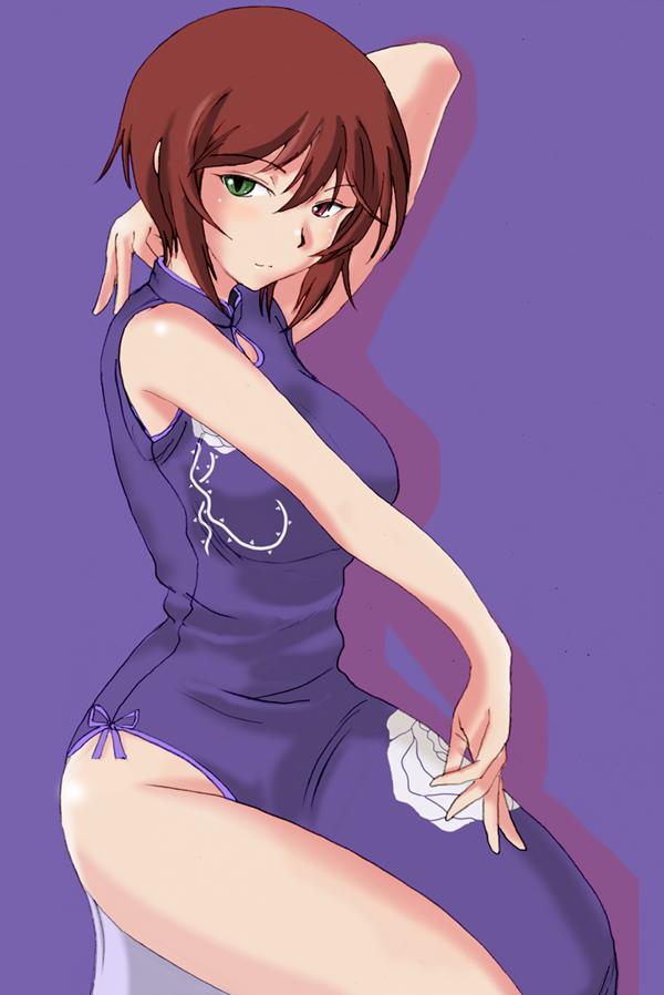 souseiseki, rozen maiden, 00s, aged up, blush, brown hair, china dress, chinese clothes, dress, heterochromia, short hair, solo