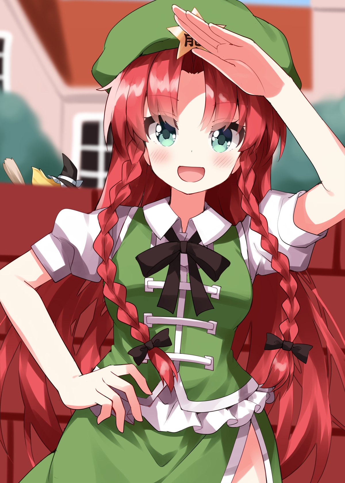 ruu (tksymkw), hong meiling, kirisame marisa, touhou, commentary request, highres, 2girls, :d, arm up, beret, black bow, black bowtie, black hat, blurry, blurry background, blush, bow, bowtie, braid, collared shirt, cowboy shot, day, frilled shirt, frills, green eyes, green hat, green skirt, green vest, hair bow, hair intakes, hand on own hip, hat, long hair, multiple girls, open mouth, outdoors, parted bangs, puffy short sleeves, puffy sleeves, red hair, salute, shirt, short sleeves, side braids, side slit, skirt, smile, split mouth, standing, star (symbol), twin braids, vest, white shirt, witch hat