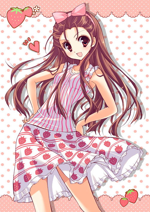 yukiwo, minase iori, idolmaster, idolmaster (classic), idolmaster 1, bad id, bad pixiv id, 00s, 1girl, :d, ^^^, antenna hair, bare shoulders, blush, bow, brown eyes, brown hair, contrapposto, cowboy shot, dress, female focus, food, food print, frilled dress, frills, fruit, fruit print, hair bow, hairband, hands on own hips, head tilt, heart, long hair, looking at viewer, open mouth, pink bow, pink hairband, red eyes, ribbon, skirt, sleeveless, sleeveless dress, smile, solo, standing, strawberry, strawberry print, tareme