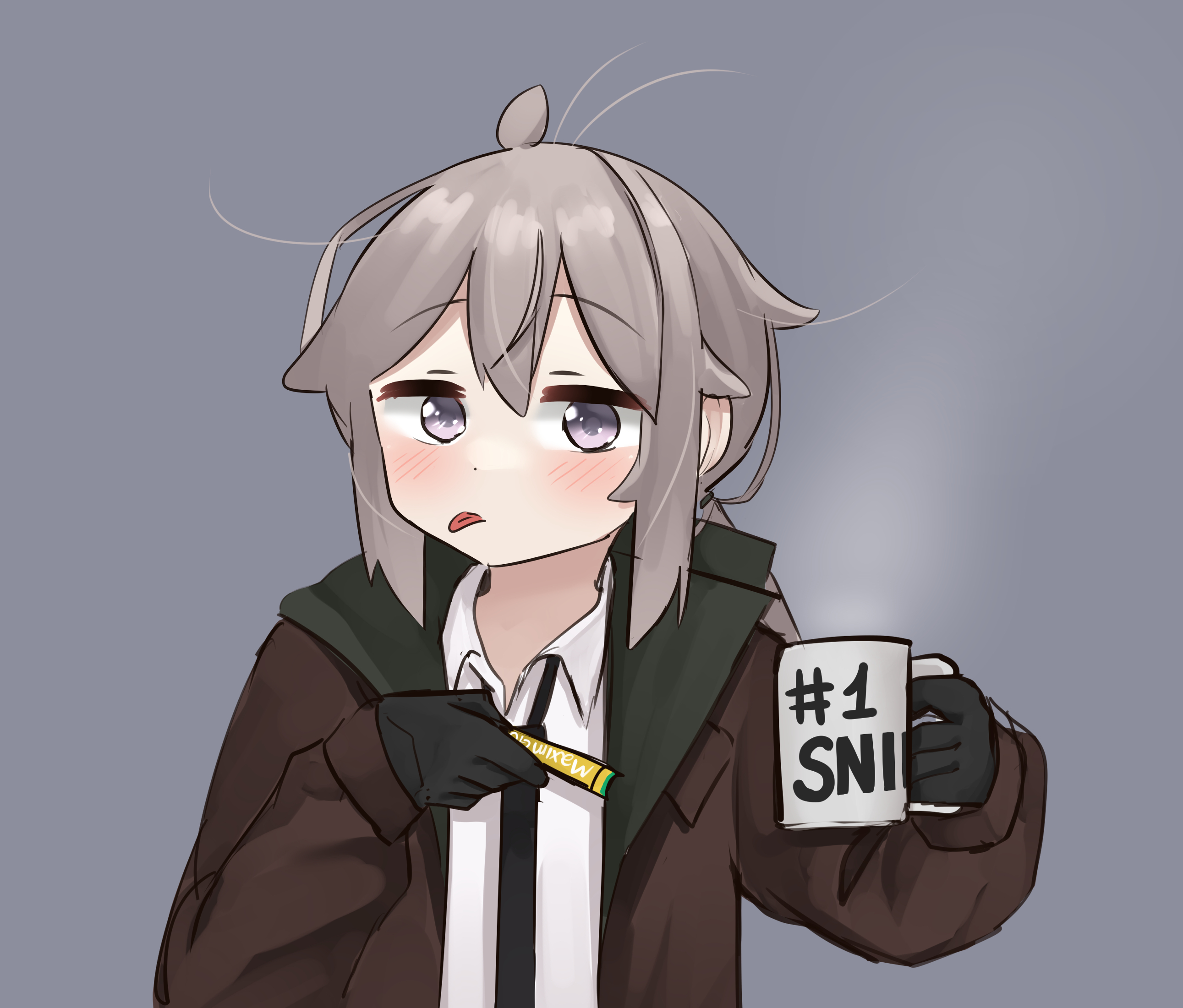 pepsi2330, m200 (girls' frontline), girls' frontline, highres, 1girl, ahoge, black gloves, coffee mug, collared shirt, cup, english text, gloves, holding, holding cup, jacket, mug, necktie, open clothes, open jacket, shirt, tongue, tongue out, white shirt