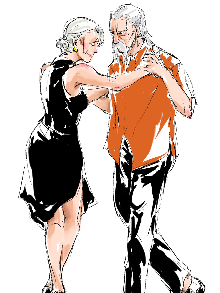 henry henderson, martha marriott, spy x family, 1boy, 1girl, black dress, black pants, dancing, dress, earrings, eye contact, facial hair, hetero, jewelry, long mustache, looking at another, mustache, orange shirt, pants, ponytail, ryokutoanko, shirt, short sleeves, sketch, sleeveless, sleeveless dress