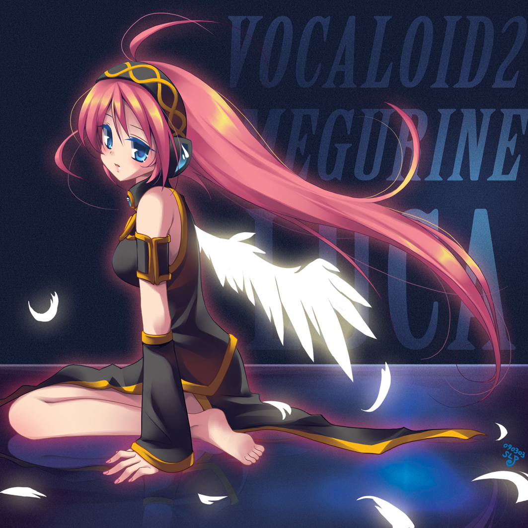 slp, megurine luka, vocaloid, barefoot, feet, long hair, soles, solo, very long hair, wings