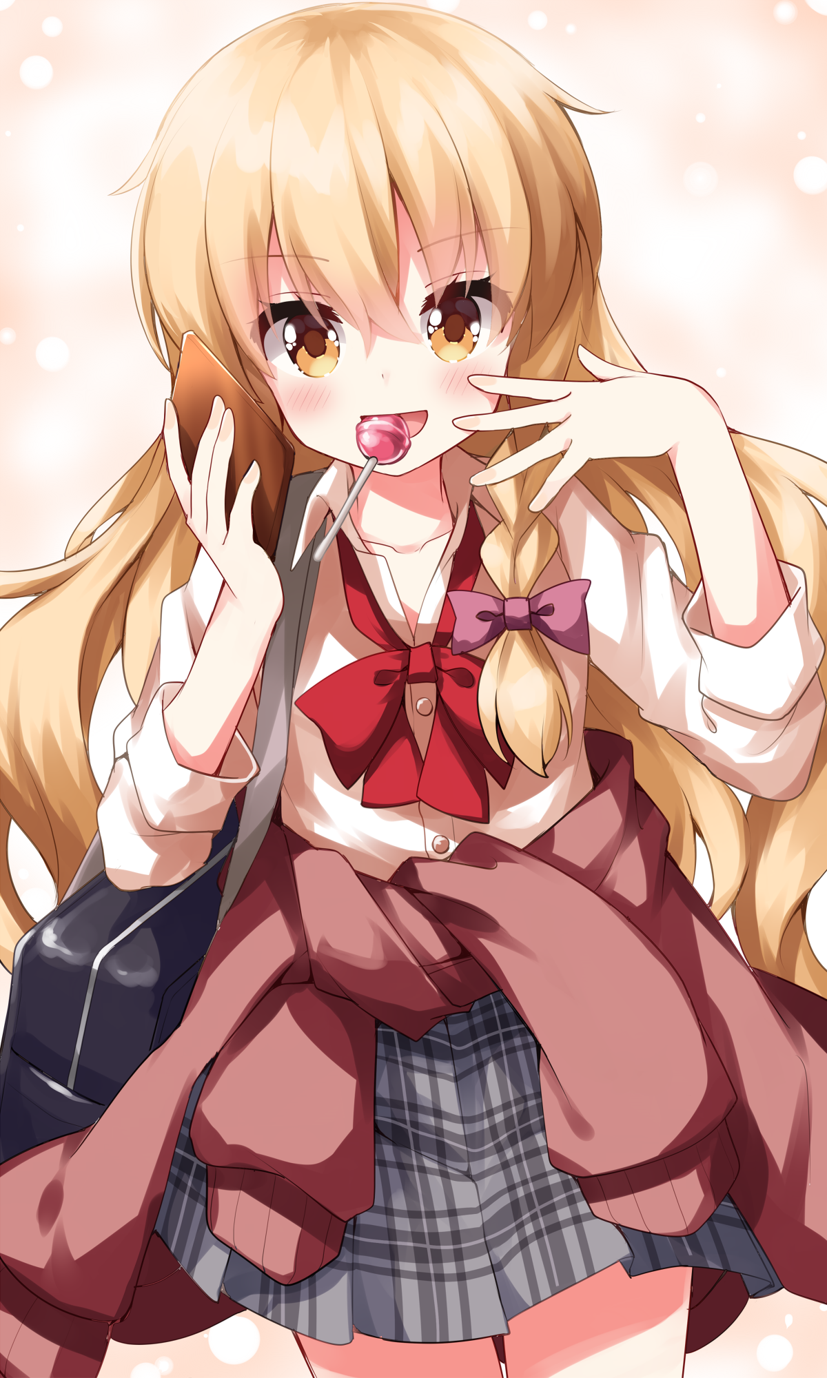 ruu (tksymkw), kirisame marisa, touhou, commentary request, highres, 1girl, alternate costume, bag, blonde hair, blush, bow, bowtie, braid, buttons, candy, clothes around waist, collarbone, collared shirt, cowboy shot, food, grey skirt, gyaru, hair between eyes, hair bow, kogal, lollipop, long hair, looking at viewer, loose bowtie, mouth hold, open collar, orange background, plaid clothes, plaid skirt, pleated skirt, red bow, red bowtie, school bag, school uniform, shirt, shoulder bag, skirt, smile, solo, standing, sweater, sweater around waist, upper body, very long hair, white shirt, yellow eyes
