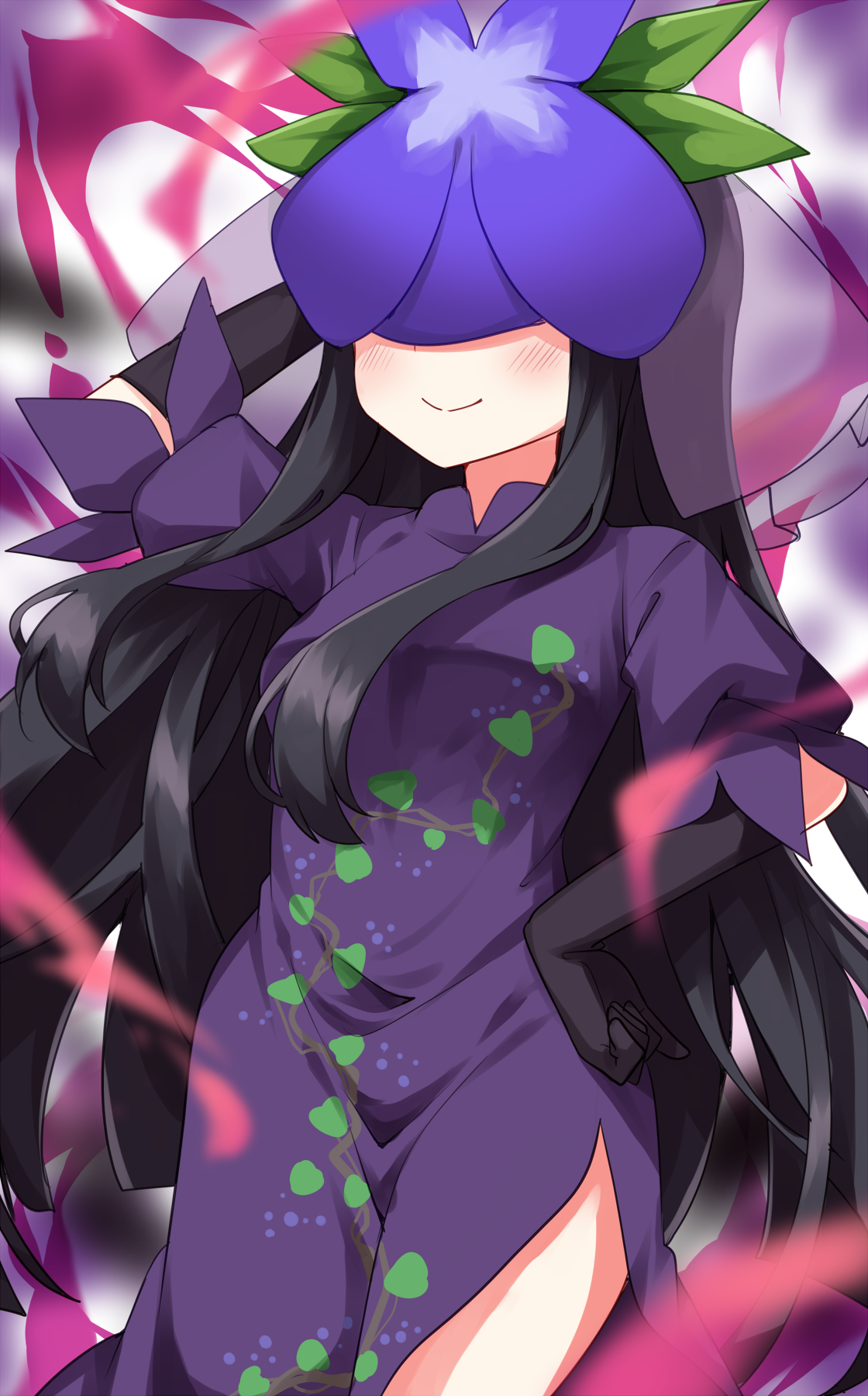 ruu (tksymkw), yomotsu hisami, touhou, commentary request, highres, 1girl, black gloves, black hair, dress, elbow gloves, gloves, leaf print, long hair, puffy short sleeves, puffy sleeves, purple dress, short sleeves, solo