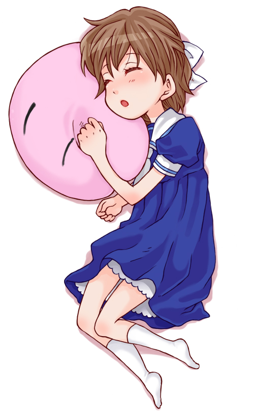 shimiko, okazaki ushio, clannad, dango daikazoku, bad id, bad pixiv id, 00s, brown hair, closed eyes, dango, food, sailor, school uniform, short hair, sleeping, solo, wagashi