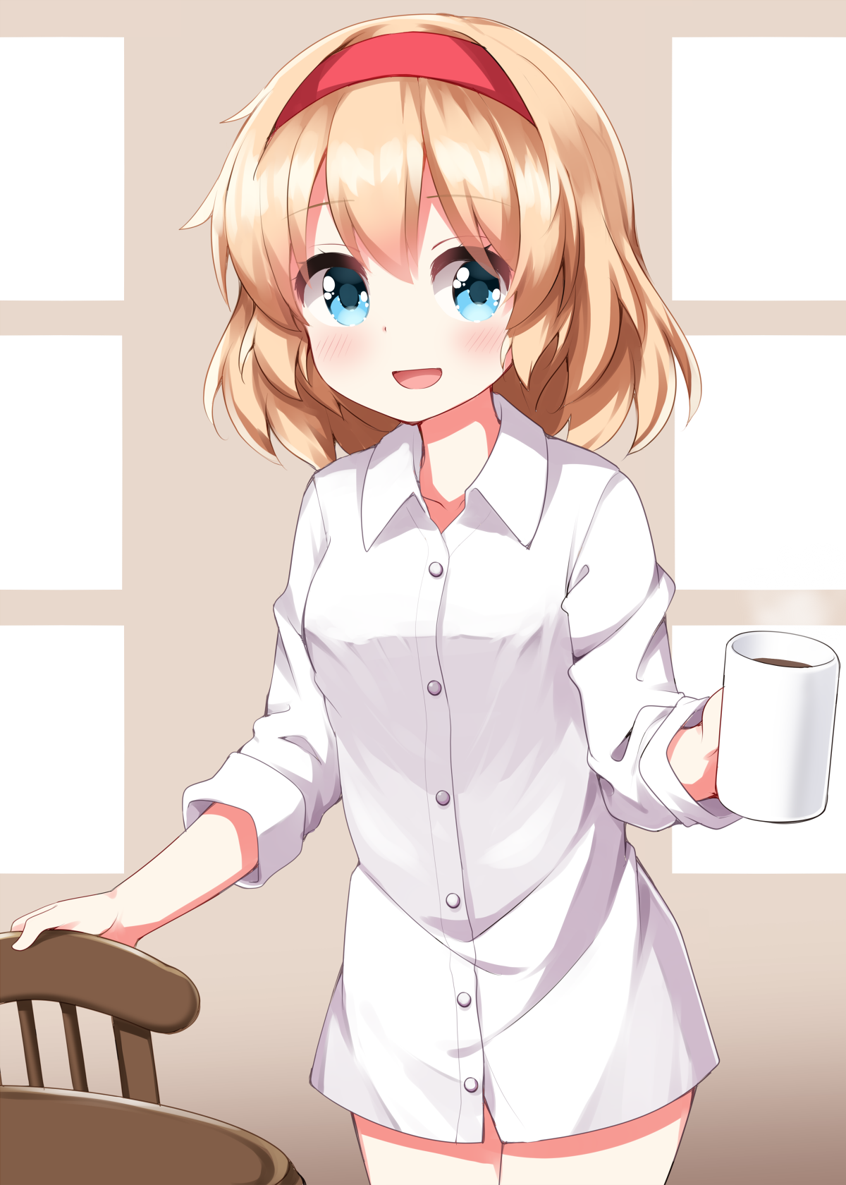 ruu (tksymkw), alice margatroid, touhou, commentary request, highres, 1girl, :d, blonde hair, blue eyes, blush, buttons, coffee, coffee mug, collarbone, collared shirt, cowboy shot, cup, dress shirt, drink, hairband, holding, holding cup, holding drink, indoors, looking at viewer, medium hair, mug, no pants, open mouth, red hairband, shirt, sleeves pushed up, smile, solo, standing, steam, white shirt