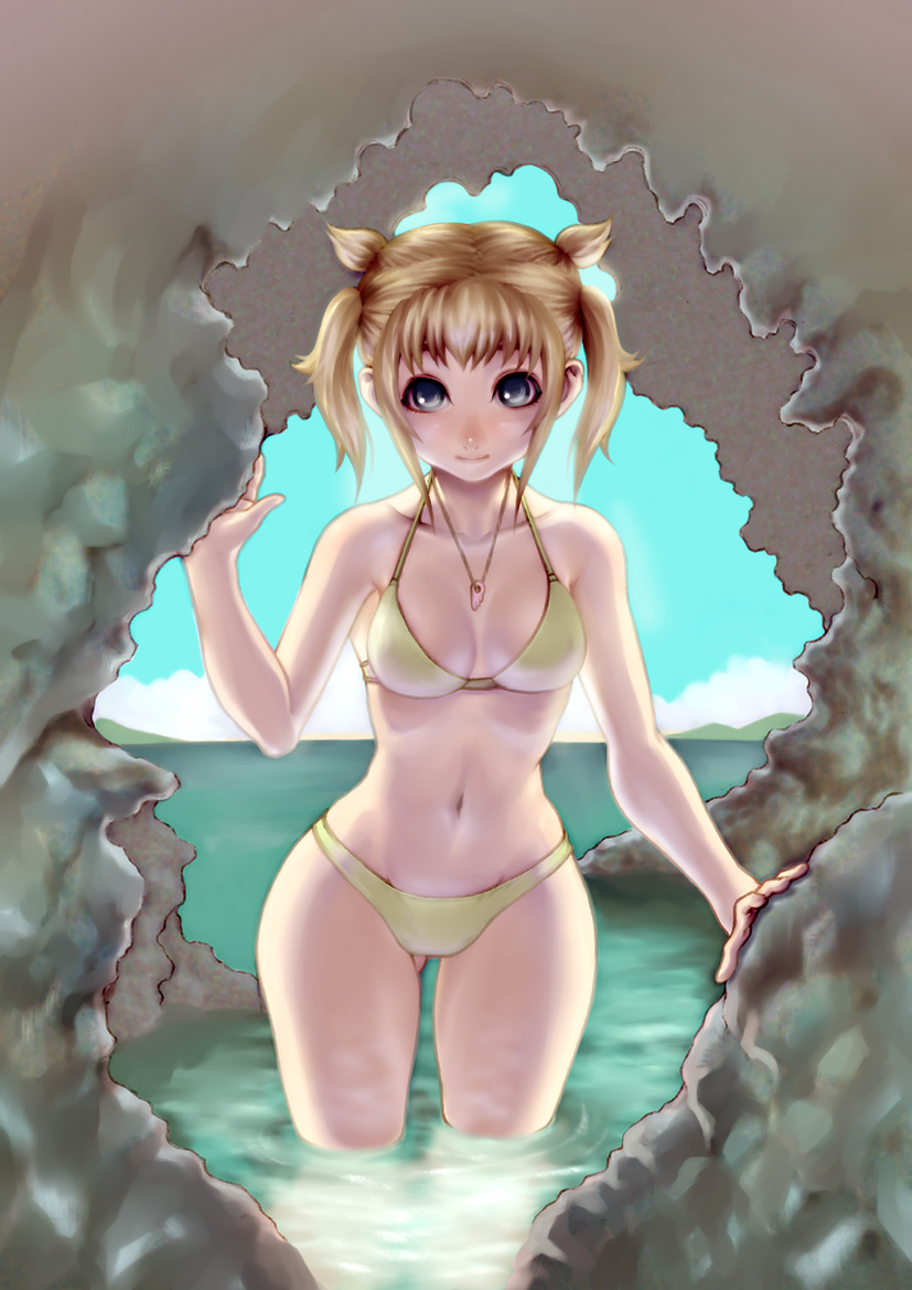 imamushi, bad id, bad pixiv id, bikini, blonde hair, blue eyes, cave, day, hip focus, jewelry, necklace, short hair, solo, swimsuit, twintails, wading, water, wide hips