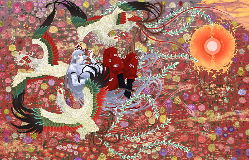 tsurui, fujiwara no mokou, touhou, 1girl, female focus, fine art parody, flower, full body, lying, nihonga, parody, plant, solo, yamato-e