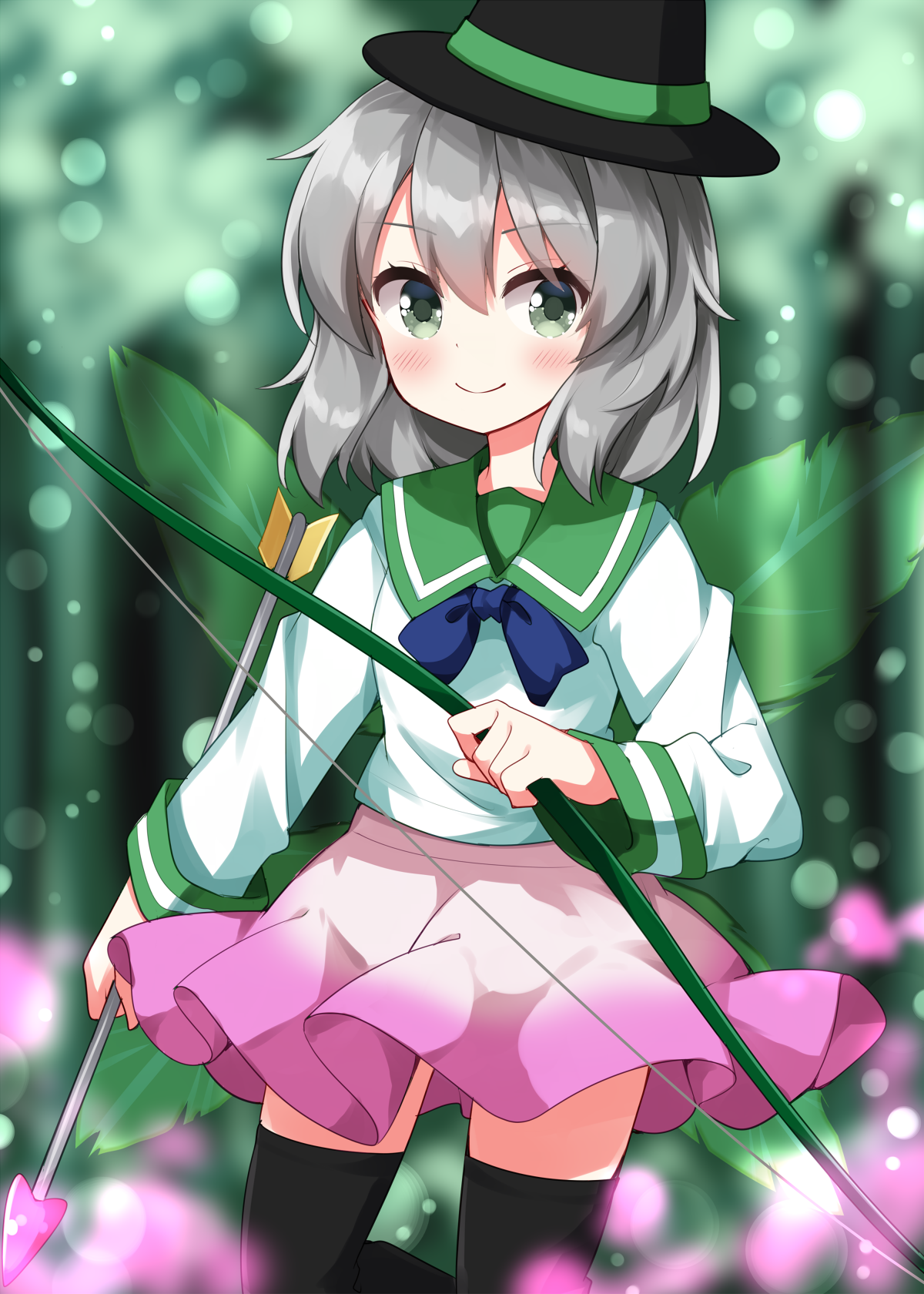 ruu (tksymkw), touhou, commentary request, highres, 1girl, arrow (projectile), black hat, black thighhighs, blush, bow, bow (weapon), bowtie, closed mouth, cowboy shot, eyes visible through hair, fairy, green eyes, green sailor collar, grey hair, hair between eyes, hat, holding, holding arrow, holding bow (weapon), holding weapon, lens flare, light particles, long sleeves, looking at viewer, medium hair, pink skirt, purple bow, purple bowtie, sailor collar, shirt, skirt, smile, solo, standing, thighhighs, vinca words, weapon, white shirt