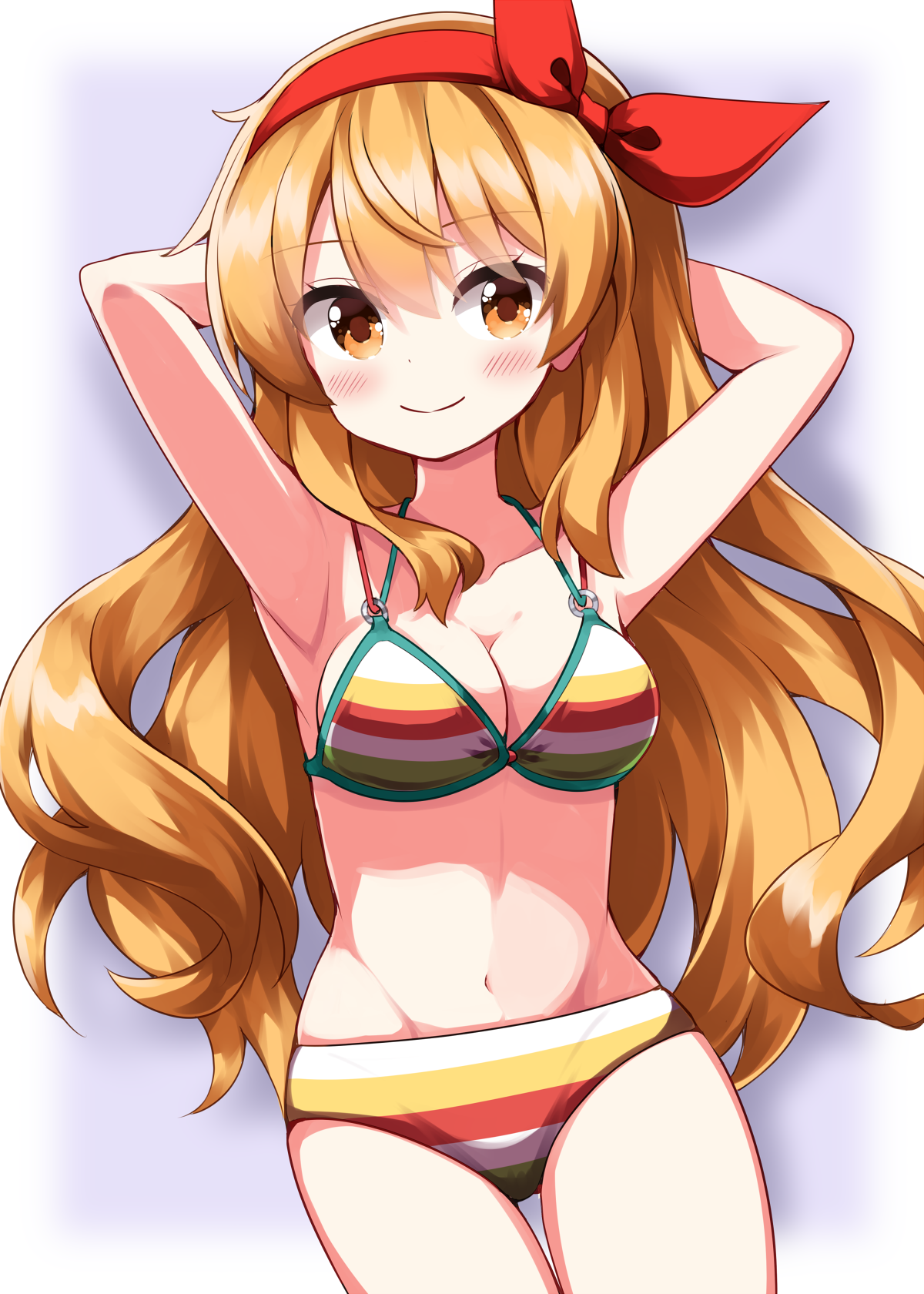 ruu (tksymkw), ellen (touhou), touhou, touhou (pc-98), commentary request, highres, 1girl, armpits, arms behind head, arms up, bikini, blonde hair, blush, breasts, cleavage, closed mouth, cowboy shot, green bikini, groin, hair between eyes, hairband, long hair, looking at viewer, medium breasts, multicolored bikini, navel, red bikini, red hairband, smile, solo, standing, swimsuit, white bikini, yellow bikini