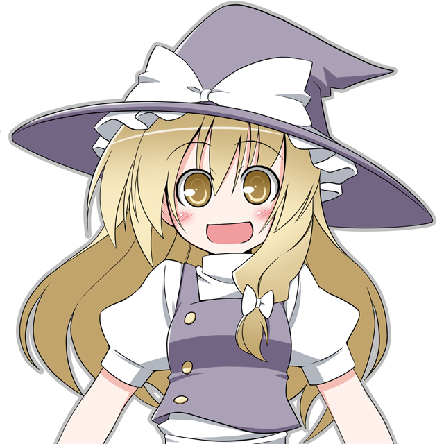 souto, kirisame marisa, touhou, 1girl, blonde hair, blush, bow, female focus, hair bow, hat, long hair, looking at viewer, open mouth, puffy short sleeves, puffy sleeves, short sleeves, simple background, solo, upper body, white background, witch, witch hat, yellow eyes