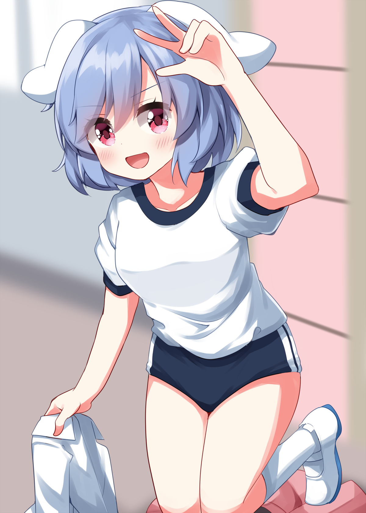 ruu (tksymkw), reisen (touhou bougetsushou), touhou, commentary request, highres, 1girl, :d, alternate costume, animal ears, arm up, black buruma, black shorts, blush, buruma, eyes visible through hair, gym uniform, hair between eyes, holding, holding shirt, holding unworn clothes, kneehighs, kneeling, looking at viewer, open mouth, pink eyes, puffy short sleeves, puffy sleeves, purple hair, rabbit ears, rabbit girl, shirt, shoes, short hair, short shorts, short sleeves, shorts, smile, socks, solo, t-shirt, unworn shirt, w, white shirt, white shoes, white socks