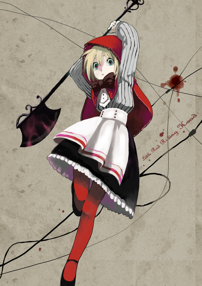 kotetsu (popeethe), little red riding hood (fairy tale character), little red riding hood (fairy tale), striped, bad id, bad pixiv id, 1girl, apron, axe, black shoes, blonde hair, blood, bow, cape, female focus, full body, green eyes, hood, mary janes, pantyhose, pinstripe pattern, red cape, red pantyhose, ribbon, running, shoes, short hair, solo, weapon