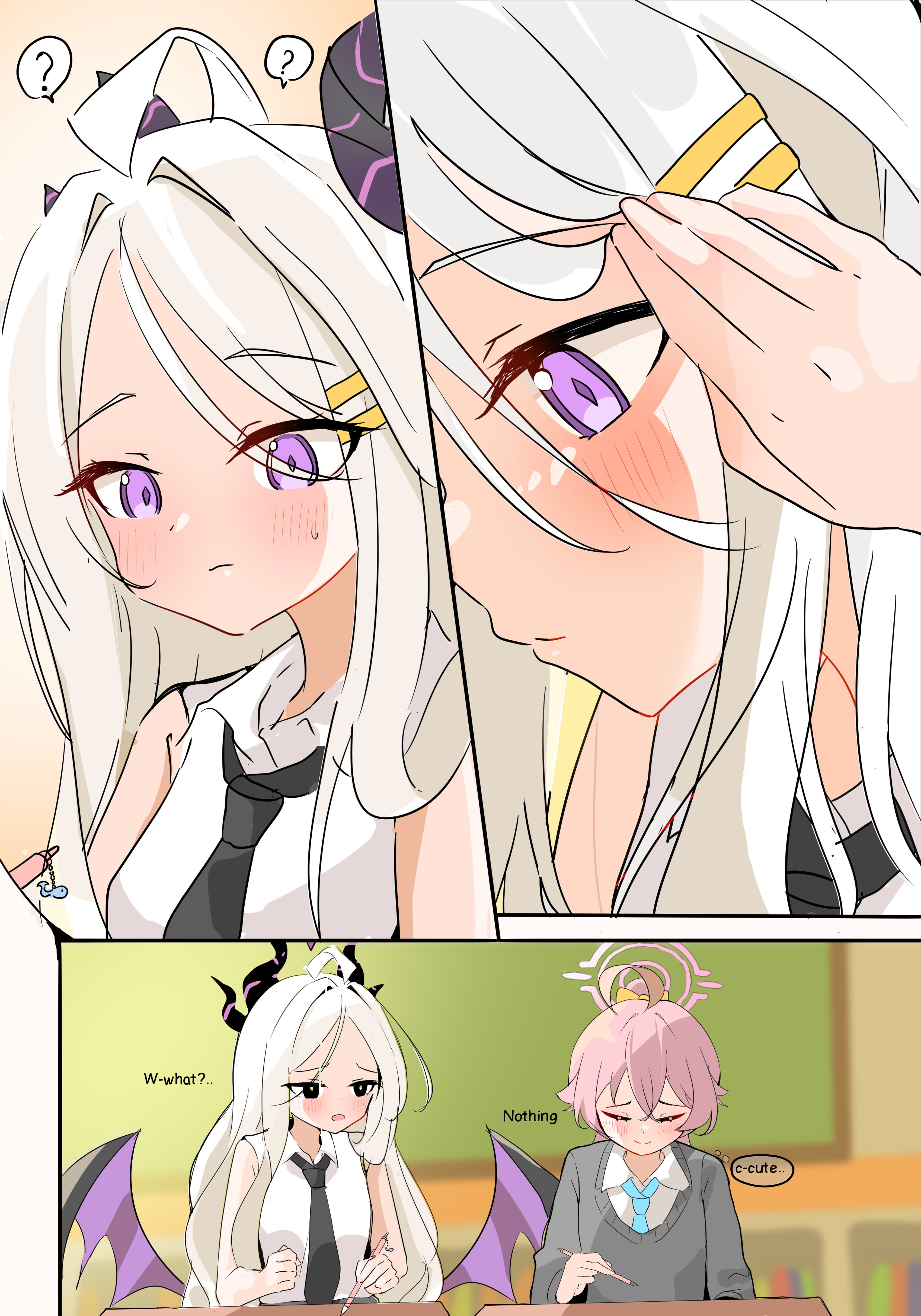 kuxna art, hina (blue archive), hoshino (blue archive), blue archive, absurdres, highres, 2girls, ahoge, blush, breasts, demon girl, demon horns, demon wings, halo, horns, indoors, long hair, low wings, multiple girls, pink hair, pink halo, purple eyes, school, school uniform, small breasts, very long hair, white hair, wings