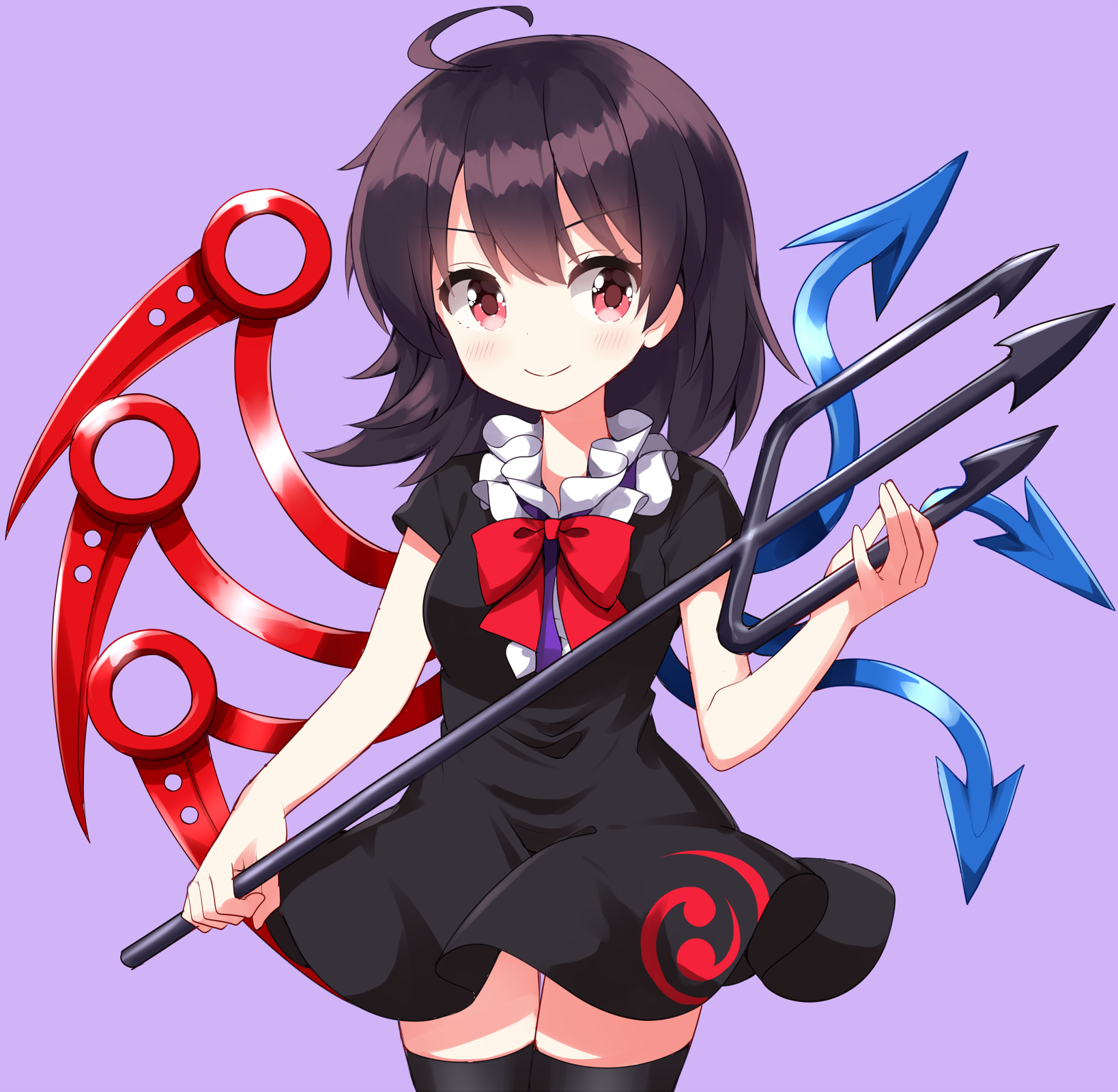 ruu (tksymkw), houjuu nue, touhou, commentary request, highres, 1girl, ahoge, asymmetrical wings, black dress, black hair, black thighhighs, blue wings, blush, bow, bowtie, closed mouth, cowboy shot, dress, frills, holding, holding polearm, holding weapon, looking to the side, medium hair, pink eyes, polearm, purple background, red bow, red bowtie, red wings, short dress, short sleeves, simple background, smile, solo, split mouth, standing, thighhighs, trident, weapon, wings
