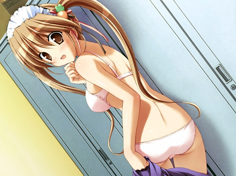 murakami suigun, kunugi ayano, pia carrot (series), pia carrot e youkoso!!, pia carrot e youkoso!! g.o., game cg, non-web source, 1990s (style), 1girl, ass, blush, bra, breasts, brown eyes, brown hair, carrot, dutch angle, female focus, food-themed clothes, from behind, lingerie, locker, locker room, long hair, looking back, maid, medium breasts, open mouth, panties, retro artstyle, sideboob, solo, surprised, twintails, underwear, underwear only, undressing, waitress