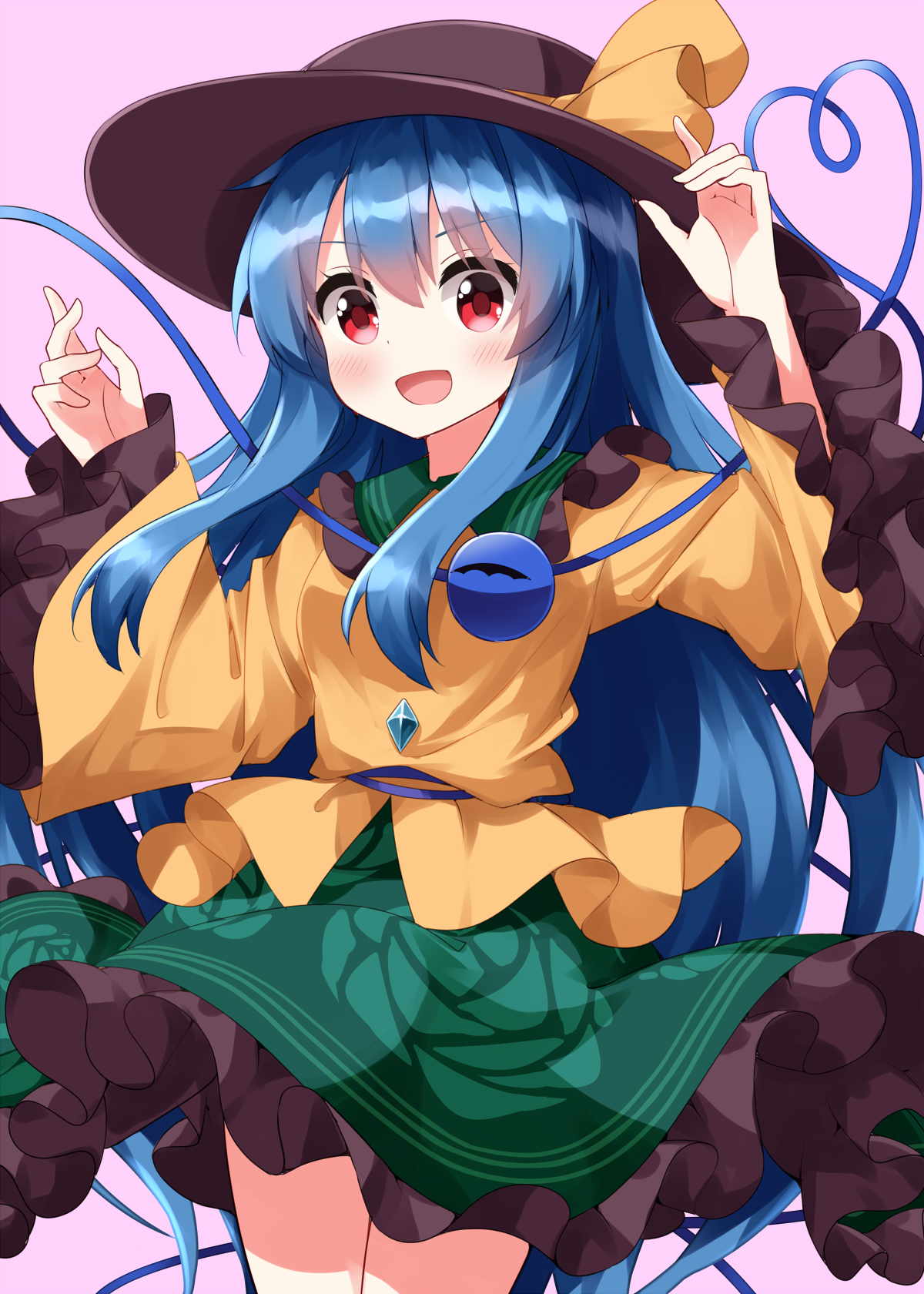 ruu (tksymkw), hinanawi tenshi, komeiji koishi, touhou, commentary request, highres, 1girl, :d, arms up, blouse, blue hair, blush, brown hat, buttons, cosplay, cowboy shot, diamond button, floral print, floral print skirt, frilled shirt collar, frilled skirt, frilled sleeves, frills, green skirt, hair between eyes, hat, hat ribbon, heart, heart of string, komeiji koishi (cosplay), long hair, long sleeves, looking at viewer, open mouth, pink background, print skirt, red eyes, ribbon, rose print, shirt, sidelocks, simple background, skirt, smile, solo, standing, third eye, very long hair, yellow ribbon, yellow shirt
