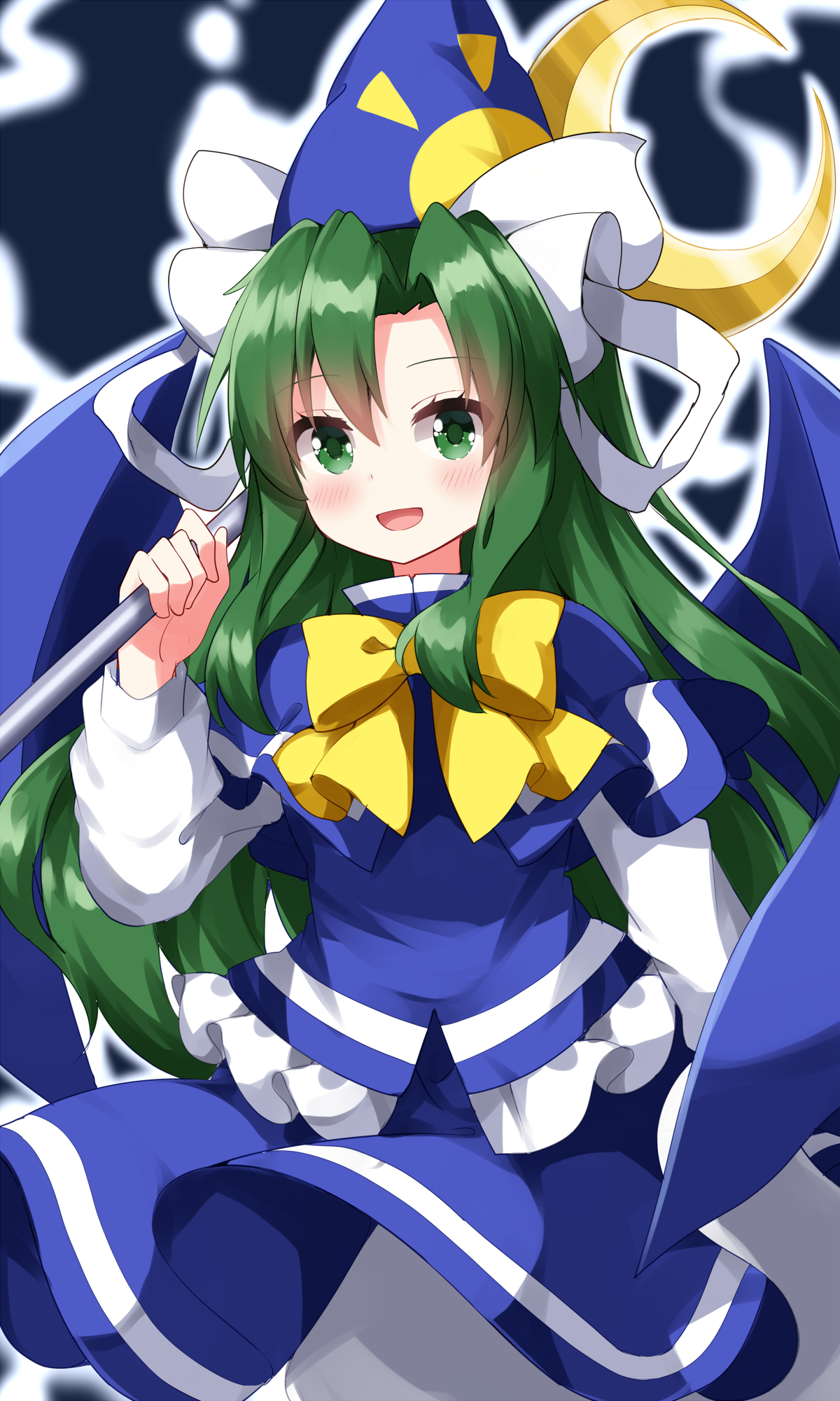 ruu (tksymkw), mima (touhou), touhou, touhou (pc-98), commentary request, highres, 1girl, :d, blue hat, blue shirt, blue skirt, blue wings, blush, bow, bowtie, crescent, eyes visible through hair, frilled shirt, frills, ghost tail, green eyes, green hair, hair intakes, hand up, hat, holding, holding staff, layered sleeves, long hair, long sleeves, looking at viewer, open mouth, ribbon, shirt, short over long sleeves, short sleeves, skirt, smile, solo, staff, white ribbon, white shirt, wings, wizard hat, yellow bow, yellow bowtie