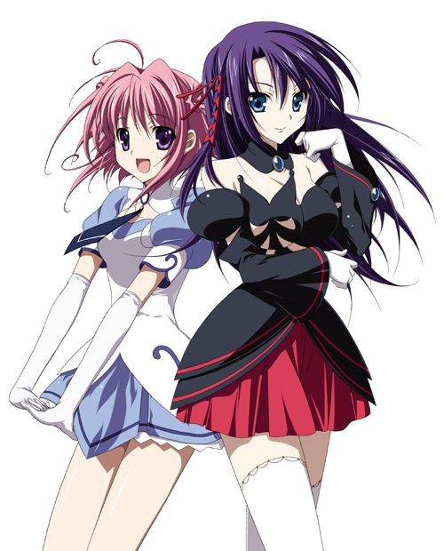 higa yukari, ascoeur, q-feuille, kiddy girl-and, kiddy grade, 00s, 2girls, ahoge, asukuru, blue eyes, blue skirt, dress, elbow gloves, fiyu ku, gloves, long hair, multiple girls, necktie, pink hair, purple eyes, purple hair, short hair, skirt, smile, thighhighs, white thighhighs, zettai ryouiki