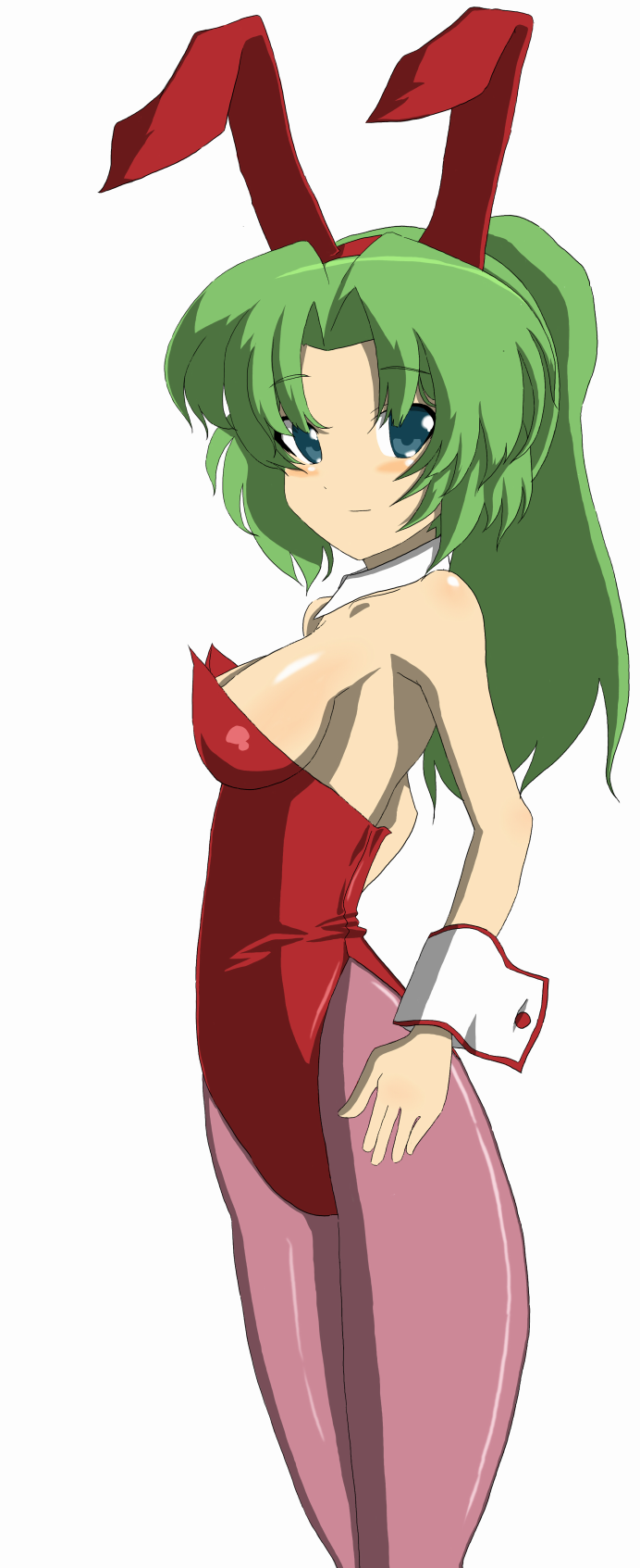 chin (motio7201), sonozaki mion, higurashi no naku koro ni, highres, 00s, animal ears, blue eyes, detached collar, fake animal ears, green hair, long hair, pantyhose, pink pantyhose, playboy bunny, ponytail, rabbit ears, solo