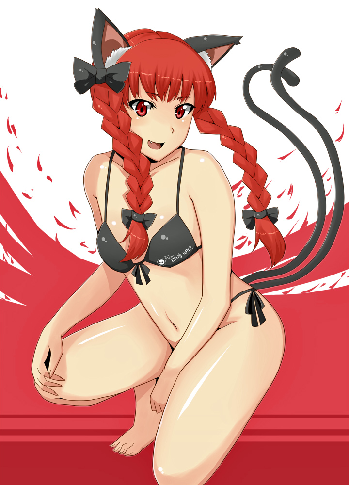 jont, kaenbyou rin, touhou, bad id, bad pixiv id, 1girl, artistic error, barefoot, bikini, braid, breasts, female focus, panties, red eyes, red hair, side-tie panties, solo, swimsuit, tail, twin braids, underwear, white background