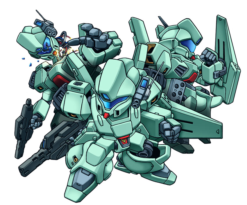 noah noah, jegan, gundam, gundam f91, sd gundam, 1990s (style), beam rifle, chibi, damaged, decapitation, energy gun, gun, mecha, mecha focus, no humans, retro artstyle, robot, severed head, shield, simple background, solo, weapon