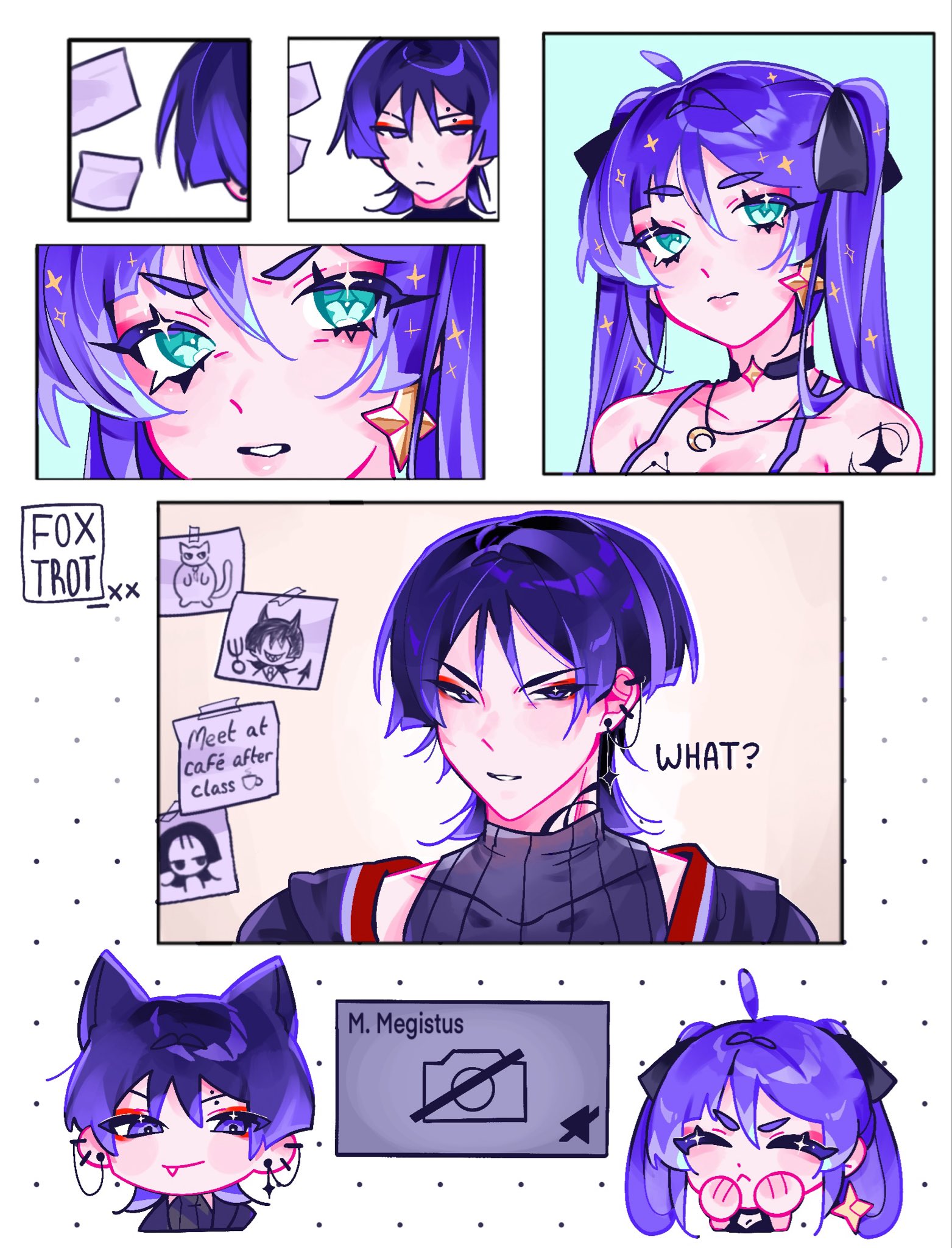 foxtrot (foxtrot xx), mona (genshin impact), scaramouche (genshin impact), genshin impact, highres, 3girls, 5boys, :<, ahoge, alternate costume, alternate universe, animal ears, aqua eyes, arm tattoo, asymmetrical bangs, bare shoulders, black bow, black choker, black sweater, blunt bangs, blunt ends, bow, breasts, bright pupils, casual, cat boy, cat ears, chibi, chibi inset, choker, circle hands, cleavage, closed eyes, closed mouth, collarbone, contemporary, crescent, crescent necklace, cross-shaped pupils, ear piercing, earrings, english text, eyeliner, eyeshadow, facing viewer, fang, frown, furrowed brow, hair between eyes, hair bow, hair intakes, hands on own face, jewelry, long hair, looking at viewer, makeup, multiple boys, multiple girls, neck tattoo, necklace, open mouth, paper, piercing, pink lips, purple eyes, purple hair, red eyeliner, red eyeshadow, red trim, ribbed sweater, right-to-left comic, short eyebrows, shoulder peek, sidelocks, smile, spaghetti strap, star (symbol), star choker, star earrings, sweater, symbol-shaped pupils, tattoo, tsurime, twintails, upright ahoge, video call, white mouth, white pupils, white trim, wispy bangs