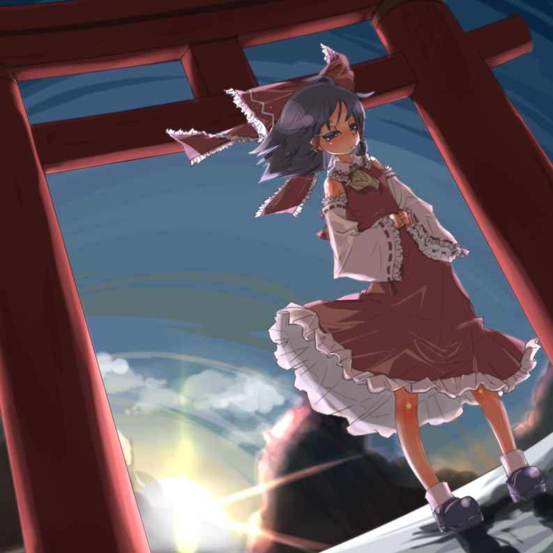 hato haru, hakurei reimu, touhou, 1girl, black hair, bow, detached sleeves, female focus, japanese clothes, miko, outdoors, sky, solo, sun, sunrise, torii