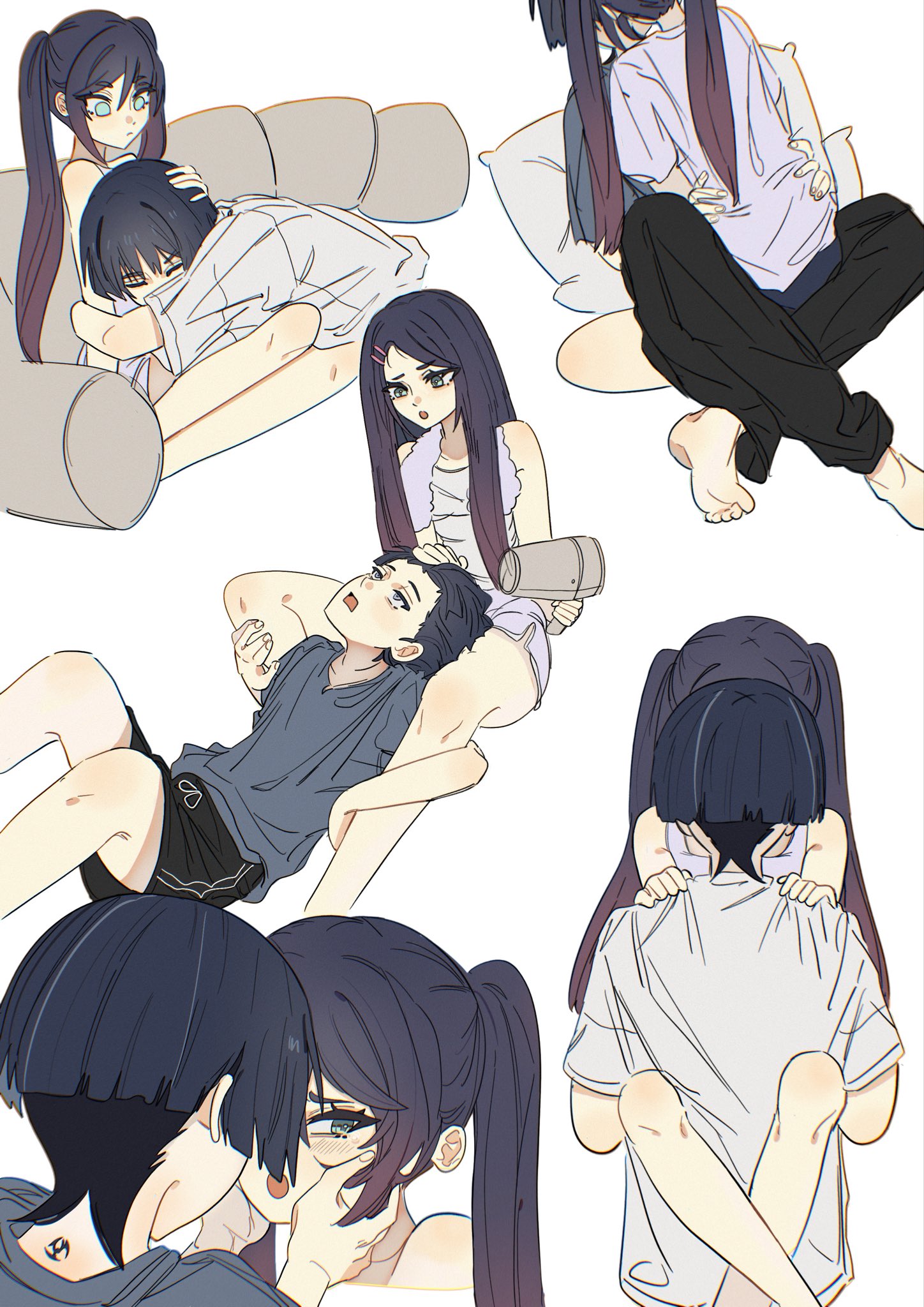ysnden, mona (genshin impact), scaramouche (genshin impact), genshin impact, highres, 1boy, 1girl, alternate costume, alternate hairstyle, alternate universe, aqua eyes, arm around leg, arm around waist, averting eyes, barefoot, black hair, black pants, black shorts, blunt ends, blush, casual, choppy bangs, closed eyes, closed mouth, contemporary, couch, couple, crossed legs, dolphin shorts, drawstring, electro symbol (genshin impact), facing down, gradient hair, green eyes, grey eyes, grey hair, grey shirt, grey sleeves, hair between eyes, hair down, hair dryer, hair ornament, hair pulled back, hairclip, hand on another's head, hand on another's leg, hands on another's cheeks, hands on another's face, hands on another's hips, hands on another's shoulders, head between thighs, headpat, hetero, holding, holding hair dryer, hug from side, implied kiss, leg lock, long hair, looking at another, lying, lying on person, mitsudomoe (shape), multicolored hair, multiple views, on couch, on stomach, open mouth, pants, parted bangs, pink hair, sanpaku, shirt, short sleeves, shorts, sidelocks, sitting, sitting between lap, sitting on person, standing leg lock, straddling, streaked hair, tank top, toes, tomoe (symbol), tsurime, twintails, upright straddle, white background, white shirt, white shorts, white sleeves, white tank top, white trim, yokozuwari