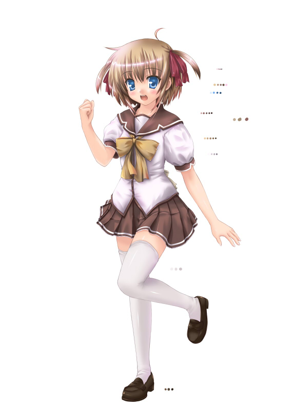 kisaragi miyu, original, blue eyes, brown hair, full body, hair ribbon, ribbon, school uniform, short hair, short twintails, solo, thighhighs, twintails, white thighhighs, zettai ryouiki