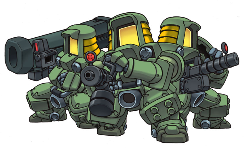 noah noah, leo (mobile suit), gundam, gundam wing, sd gundam, 1990s (style), chibi, gun, m1 bazooka, machine gun, mecha, retro artstyle, robot, rocket launcher, simple background, weapon