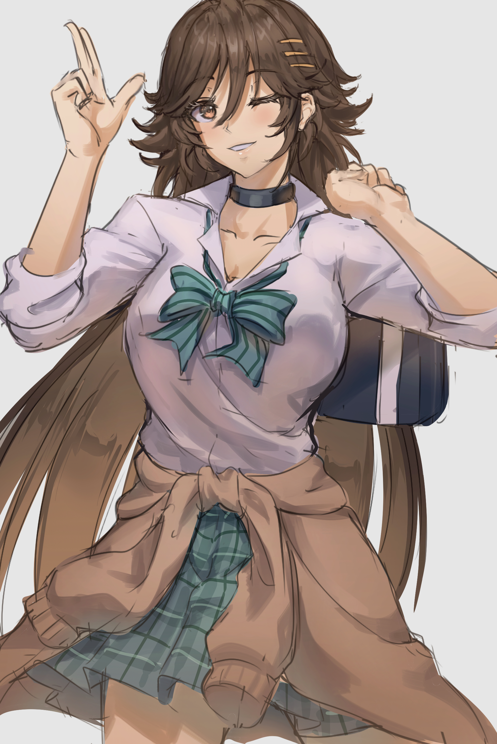 midorin 567, mr. c.b. (umamusume), umamusume, absurdres, highres, 1girl, alternate costume, bag, black choker, bow, bowtie, breasts, brown cardigan, brown eyes, brown hair, cardigan, cardigan around waist, choker, clothes around waist, grin, hair between eyes, hair ornament, hairclip, holding, holding bag, large breasts, long hair, long sleeves, looking at viewer, no animal ears, no tail, one eye closed, open mouth, plaid bow, plaid bowtie, plaid clothes, plaid skirt, school bag, school uniform, shirt, skirt, smile, solo, very long hair, white shirt