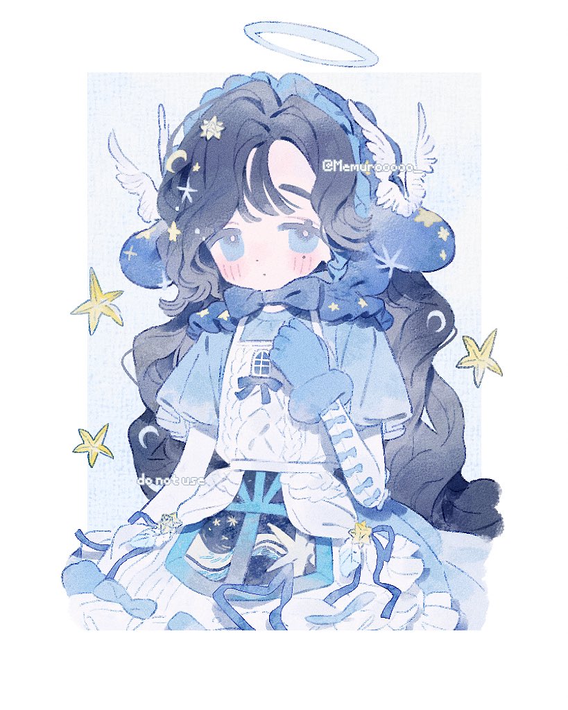 memuro, original, 1girl, artist name, blue eyes, blue gloves, blue halo, blue ribbon, blush, bonnet, border, closed mouth, cowboy shot, crescent, crescent hair ornament, dot mouth, dot nose, dress, eyelashes, gloves, hair ornament, halo, long hair, long sleeves, looking at viewer, outside border, ribbon, solo, star (symbol), star hair ornament, twitter username, white border, white wings, wings
