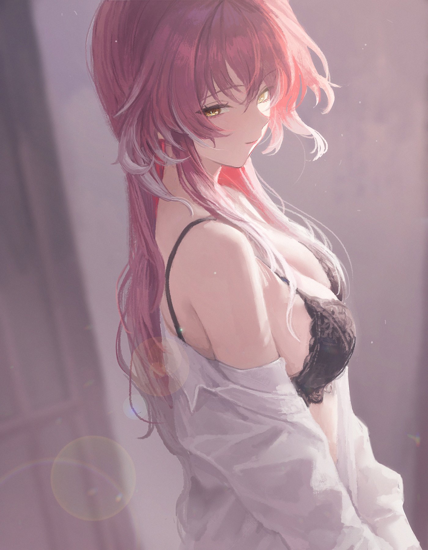 ddcc0123, changli (wuthering waves), wuthering waves, commentary, hashtag-only commentary, highres, 1girl, alternate costume, bare shoulders, breasts, cleavage, closed mouth, from side, hair between eyes, hair down, indoors, large breasts, long hair, looking at viewer, looking to the side, multicolored hair, off shoulder, open clothes, open shirt, pink hair, shirt, smile, solo, streaked hair, upper body, white shirt, yellow eyes