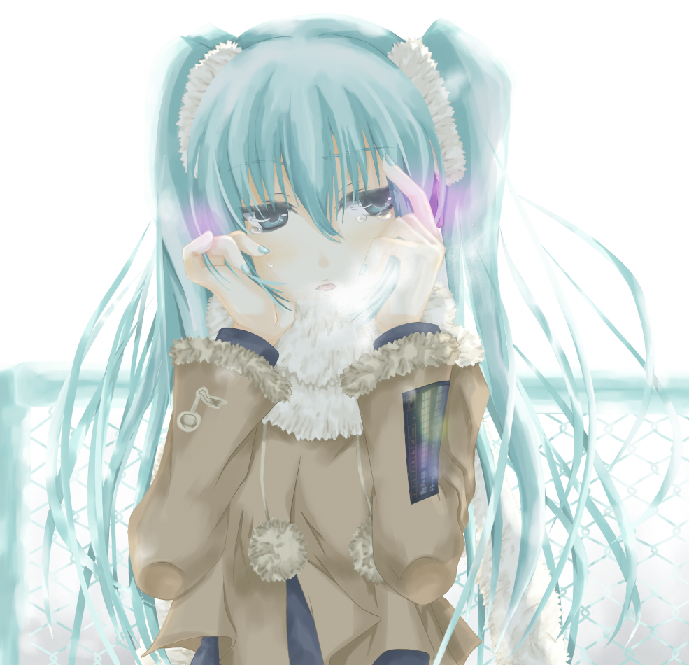 kurona (huyu-mix), hatsune miku, hajimete no koi ga owaru toki (vocaloid), vocaloid, bad id, bad pixiv id, 1girl, aqua eyes, aqua hair, aqua nails, breath, female focus, long hair, nail polish, solo, tears, twintails