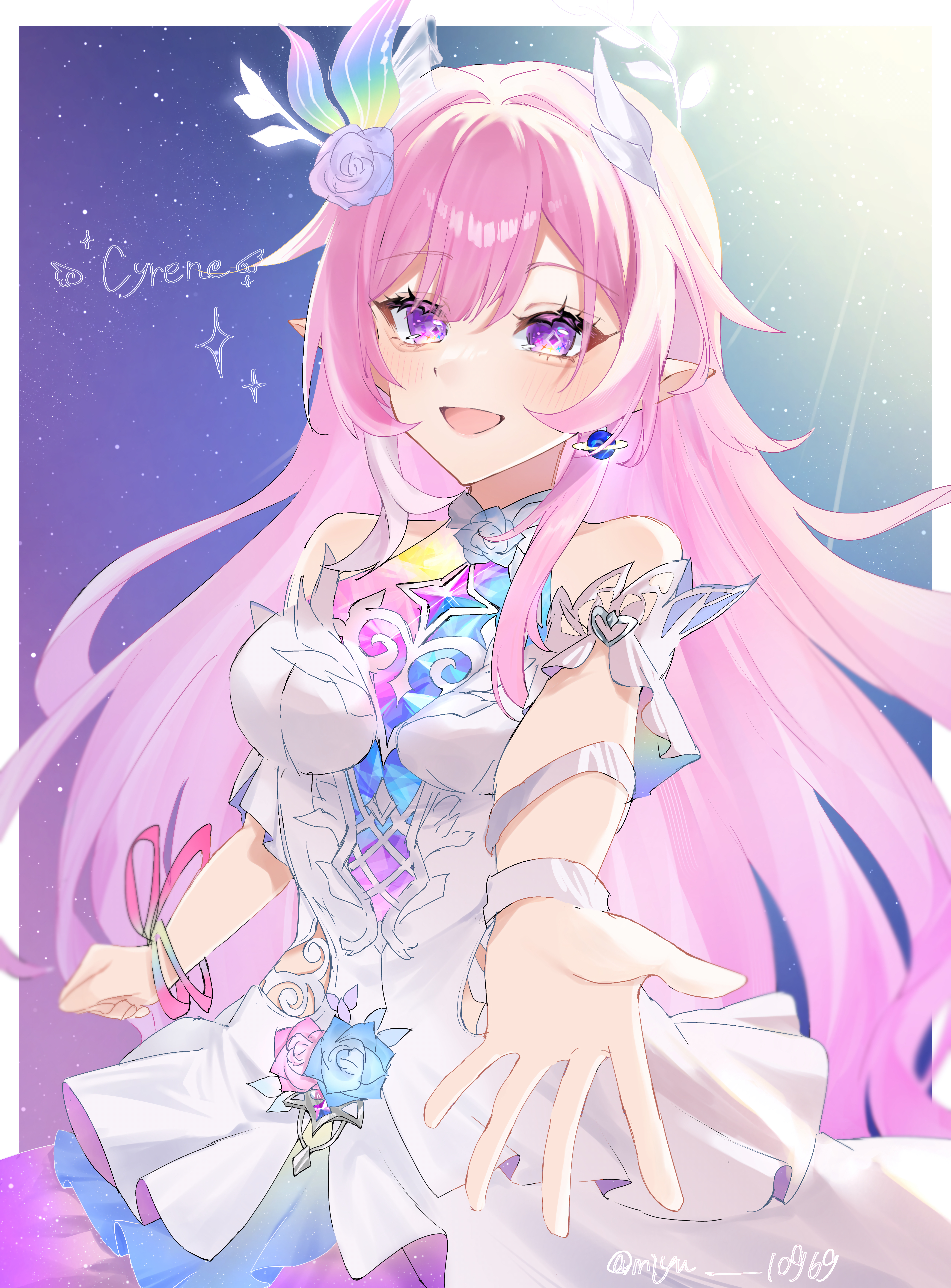 cyrene (honkai: star rail), cyrene (ripples of past reverie) (honkai: star rail), honkai: star rail, honkai (series), absurdres, commentary request, highres, 1girl, bare shoulders, border, breasts, character name, diamond-shaped pupils, diamond (shape), dress, earrings, flower, hair flower, hair ornament, halo, jewelry, large breasts, long hair, looking at viewer, miyu 10969, multicolored hair, pink hair, pointy ears, purple eyes, sky, smile, solo, star (sky), starry sky, symbol-shaped pupils, twitter username, two-tone hair, very long hair, white border, white dress, white hair