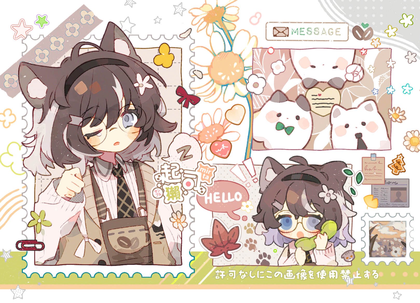 mirta, original, art trade, chinese commentary, commentary request, highres, 1girl, animal ear fluff, animal ears, black hairband, black necktie, blush stickers, brown hair, cat ears, cat girl, chibi, collared shirt, glasses, grey eyes, grey hair, hairband, hand up, holding, holding phone, long sleeves, multicolored hair, necktie, one eye closed, open mouth, phone, round eyewear, shirt, short hair, two-tone hair, upper body, white shirt