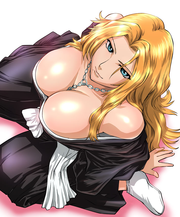 ueyama michirou, matsumoto rangiku, bleach, 00s, 1girl, aqua eyes, bare shoulders, blonde hair, blue eyes, breasts, cleavage, downblouse, female focus, from above, huge breasts, japanese clothes, jewelry, large breasts, long hair, looking up, mole, mole under mouth, necklace, sitting, smile, socks, solo