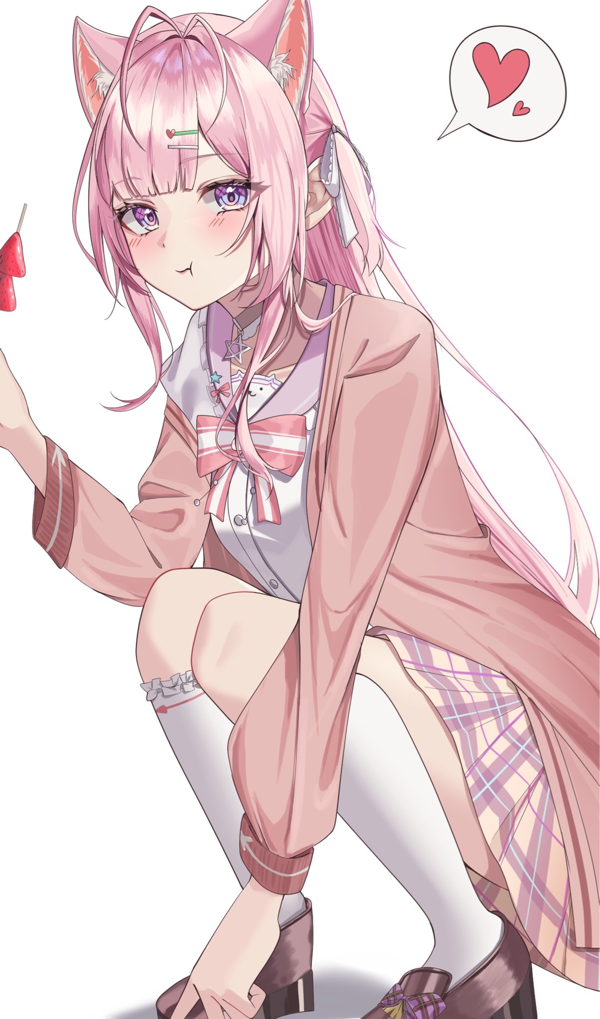 richi 1214, hakui koyori, hakui koyori (school uniform), hololive, highres, 1girl, animal ears, antenna hair, bell, belt, blush, bow, breasts, brown belt, brown shoes, cardigan, chest bow, closed mouth, eating, extra ears, food, footwear bow, fruit, hair ornament, hair ribbon, hairclip, heart, heart hair ornament, loafers, long hair, long sleeves, looking at viewer, neck bell, open cardigan, open clothes, pink bow, pink cardigan, pink eyes, pink hair, pink lips, pink sailor collar, pink skirt, plaid bow, purple eyes, ribbon, sailor collar, shoes, simple background, skirt, socks, solo, spoken heart, squatting, star ornament, strawberry, striped bow, tanghulu, thighs, virtual youtuber, white background, white ribbon, white socks, wolf ears, wolf girl
