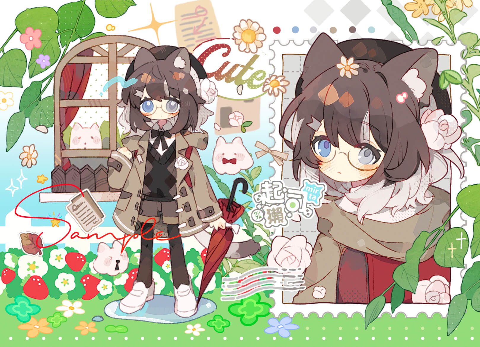 mirta, original, art trade, chinese commentary, commentary request, highres, 1girl, animal ear fluff, animal ears, black bow, black bowtie, black hat, black pantyhose, black sweater, blue eyes, blush stickers, bow, bowtie, brown coat, brown hair, brown shorts, cat ears, cat girl, closed mouth, coat, full body, glasses, grey eyes, grey hair, hat, heterochromia, long sleeves, multicolored hair, multiple views, open clothes, open coat, pantyhose, pantyhose under shorts, red umbrella, round eyewear, sample watermark, shoes, short hair, shorts, standing, sweater, two-tone hair, umbrella, watermark, white shoes, wing collar