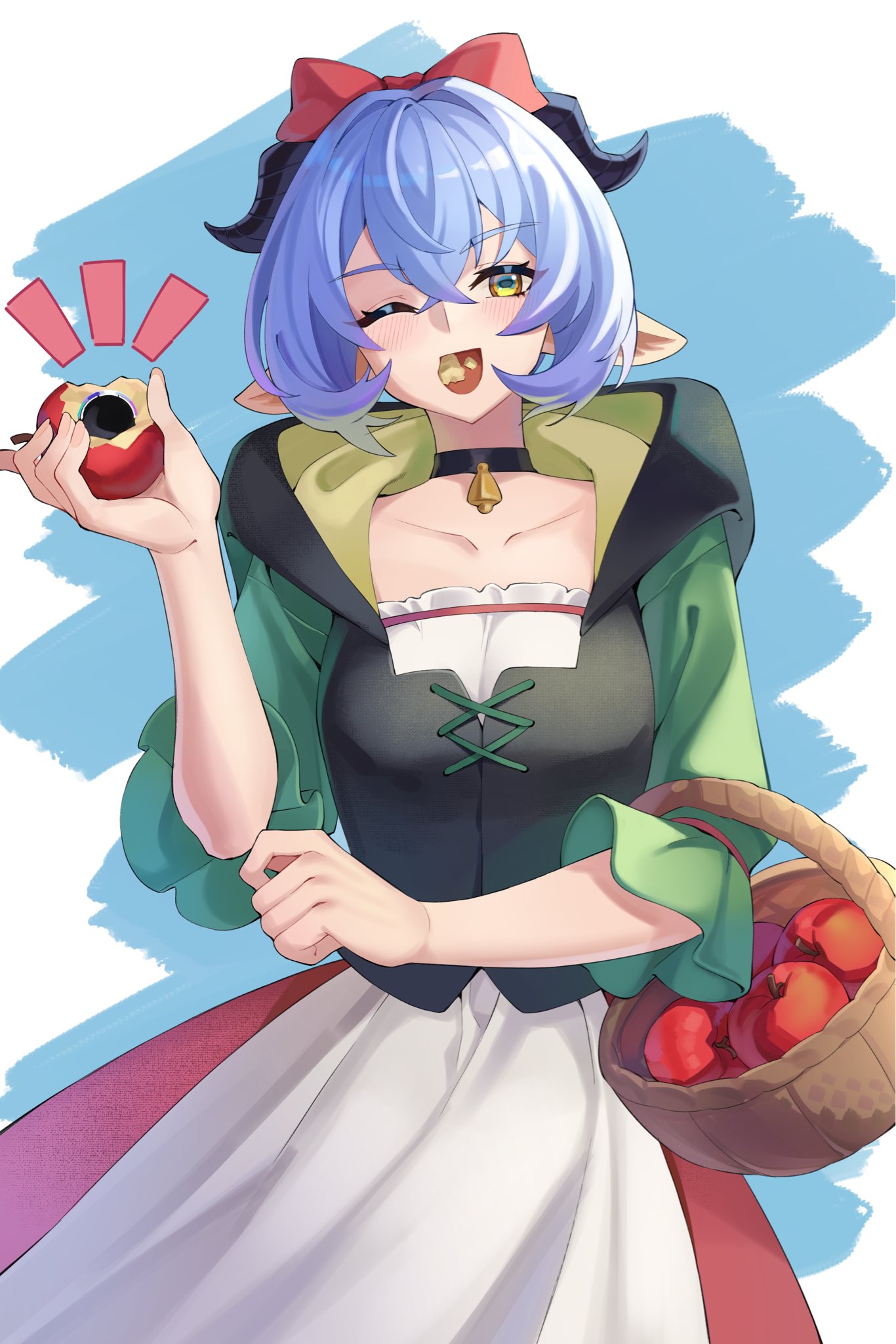 mikiseriavoid, ethereal (zenless zone zero), lucia elowen, zenless zone zero, highres, 1girl, apple, apron, basket, bell, black bodice, blue background, blue hair, blush, bodice, collarbone, eating, food, fruit, goat girl, goat horns, green pupils, hair between eyes, holding, holding basket, holding food, holding fruit, hood, horizontal pupils, horns, long skirt, looking at viewer, neck bell, one eye closed, pointy ears, red skirt, shrug (clothing), skirt, solo, white apron, white background, yellow eyes