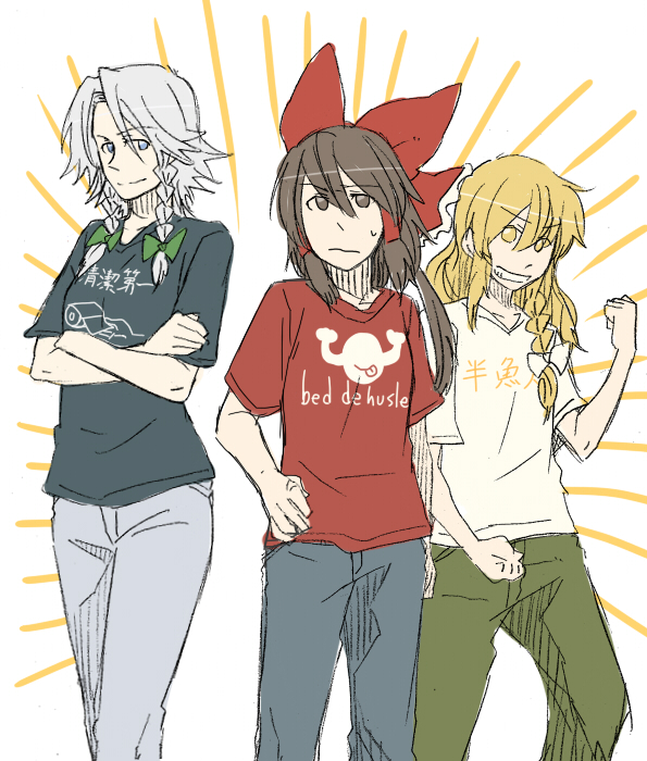 torinone, hakurei reimu, izayoi sakuya, kirisame marisa, touhou, silver hair, 3girls, alternate costume, blonde hair, brown hair, casual, clothes writing, contemporary, english text, engrish text, female focus, multiple girls, ranguage, ribbon, short hair