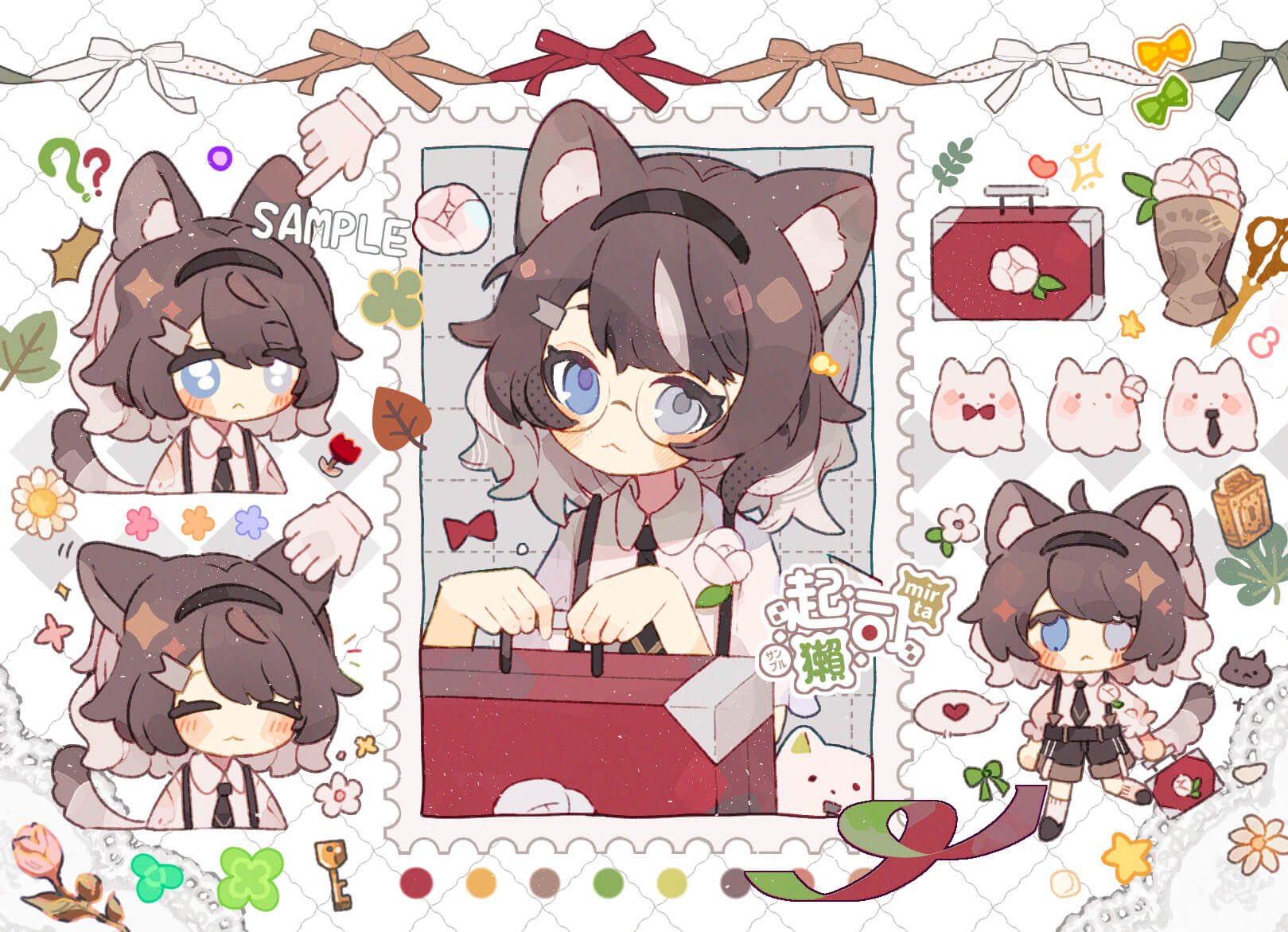 mirta, original, art trade, chinese commentary, commentary request, highres, 1girl, animal ear fluff, animal ears, black necktie, black shoes, black shorts, blue eyes, blush stickers, brown hair, cat ears, cat girl, cat tail, chibi, closed eyes, closed mouth, collared shirt, glasses, grey eyes, grey hair, heterochromia, key, multicolored hair, multiple views, necktie, postcard, round eyewear, sample watermark, scissors, shirt, shoes, short hair, short sleeves, shorts, socks, suitcase, tail, two-tone hair, upper body, watermark, white background, white shirt, white socks