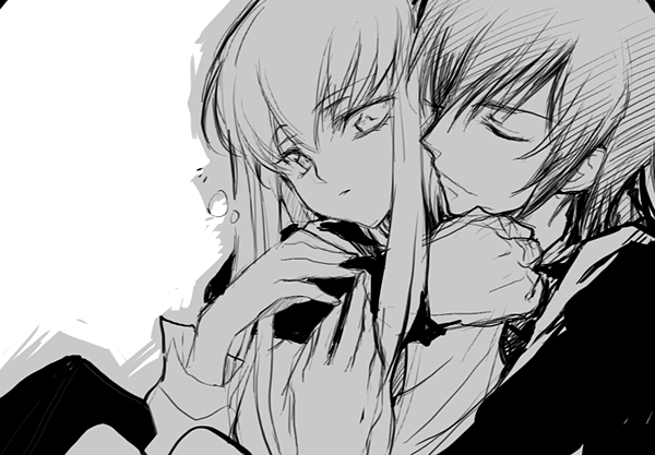 creayus, c.c., lelouch vi britannia, code geass, 00s, closed eyes, greyscale, holding, hug, hug from behind, monochrome