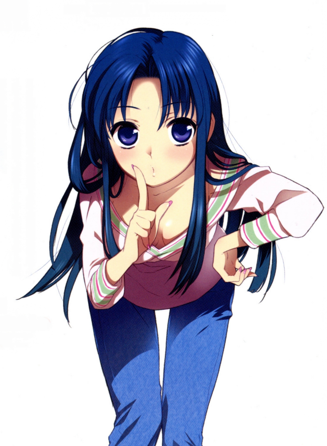 zekkyou (h9s9), kawashima ami, toradora!, highres, official art, source request, 00s, 1girl, bent over, blue eyes, blue hair, breasts, cowboy shot, denim, downblouse, facing viewer, female focus, jeans, legs together, long hair, looking at viewer, matching hair/eyes, nail polish, pants, pink nails, simple background, small breasts, solo, tareme, thigh gap, white background