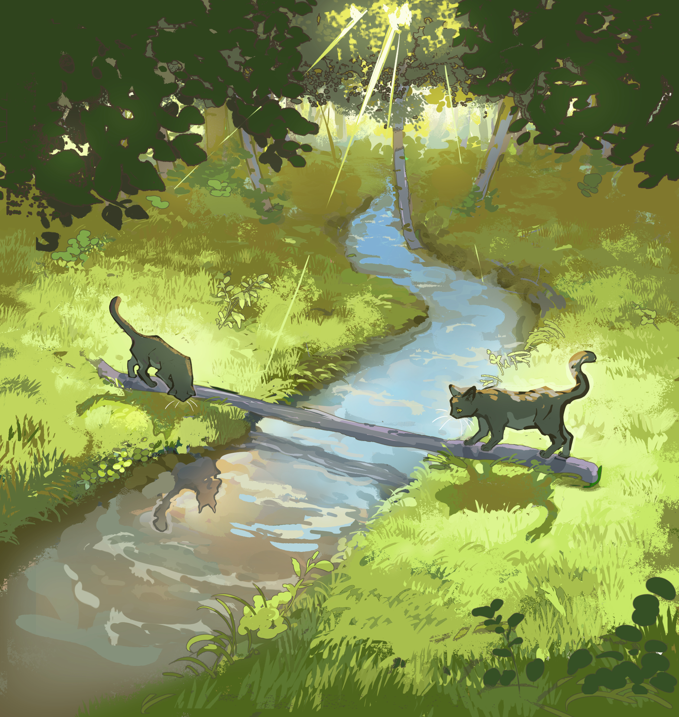tristanbrardart, original, highres, animal, black cat, cat, day, grass, light rays, no humans, outdoors, scenery, stream, sunbeam, sunlight, tree, water