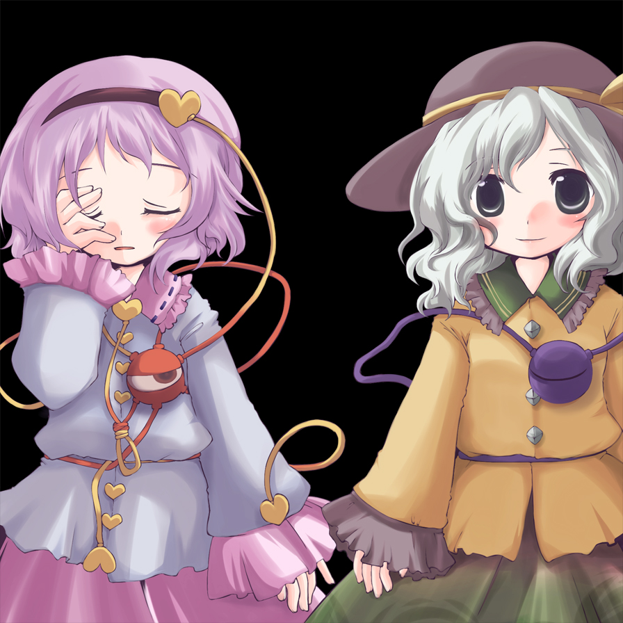 futami yayoi, komeiji koishi, komeiji satori, touhou, silver hair, 2girls, facepalm, female focus, green eyes, hairband, hat, heart, multiple girls, pink hair, siblings, sisters