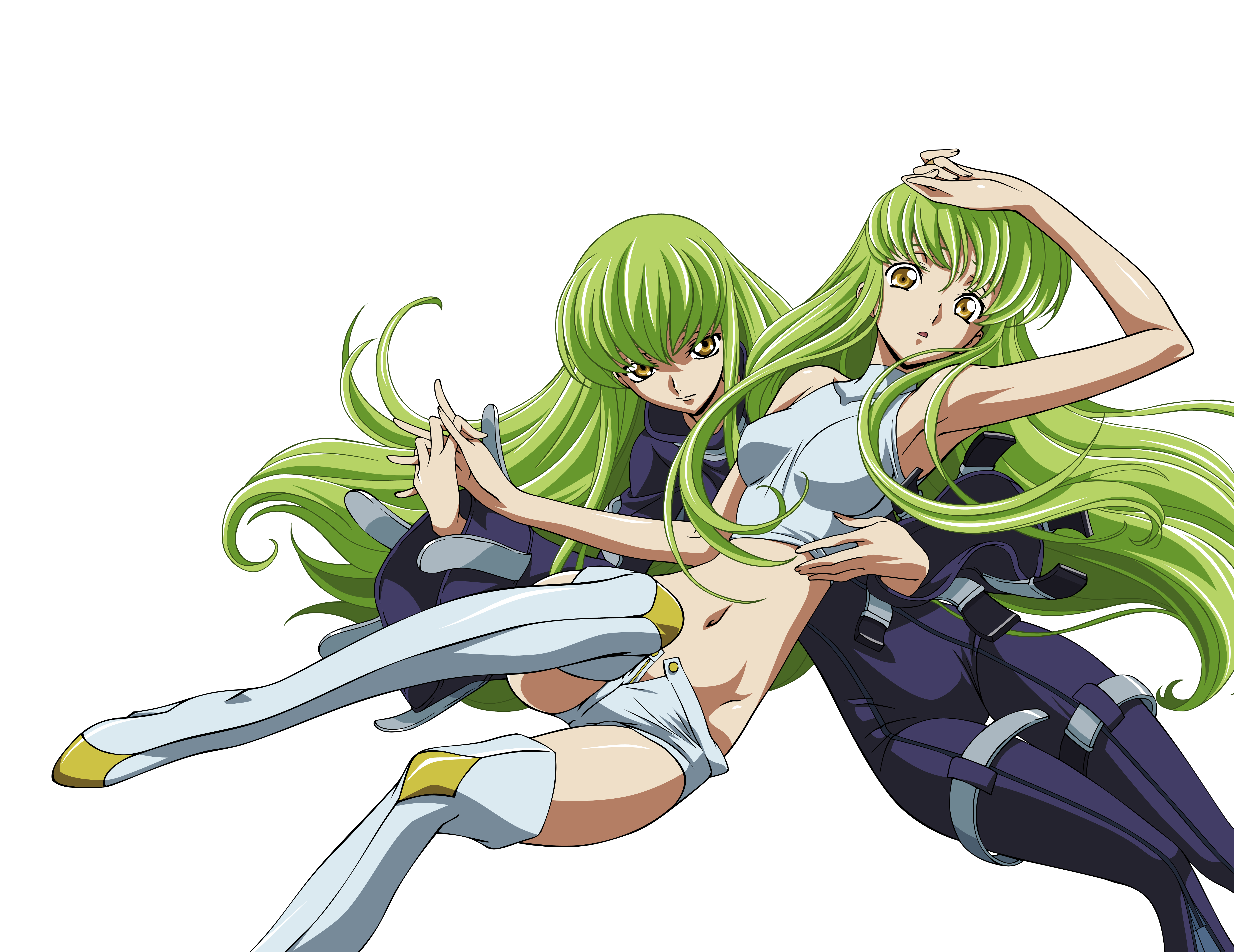 c.c., code geass, white legwear, absurdres, derivative work, highres, vector trace, 00s, 2girls, armpits, bare shoulders, boots, dual persona, green hair, holding hands, long hair, midriff, multiple girls, smirk, thigh boots, thighhighs, time paradox, transparent background, yellow eyes