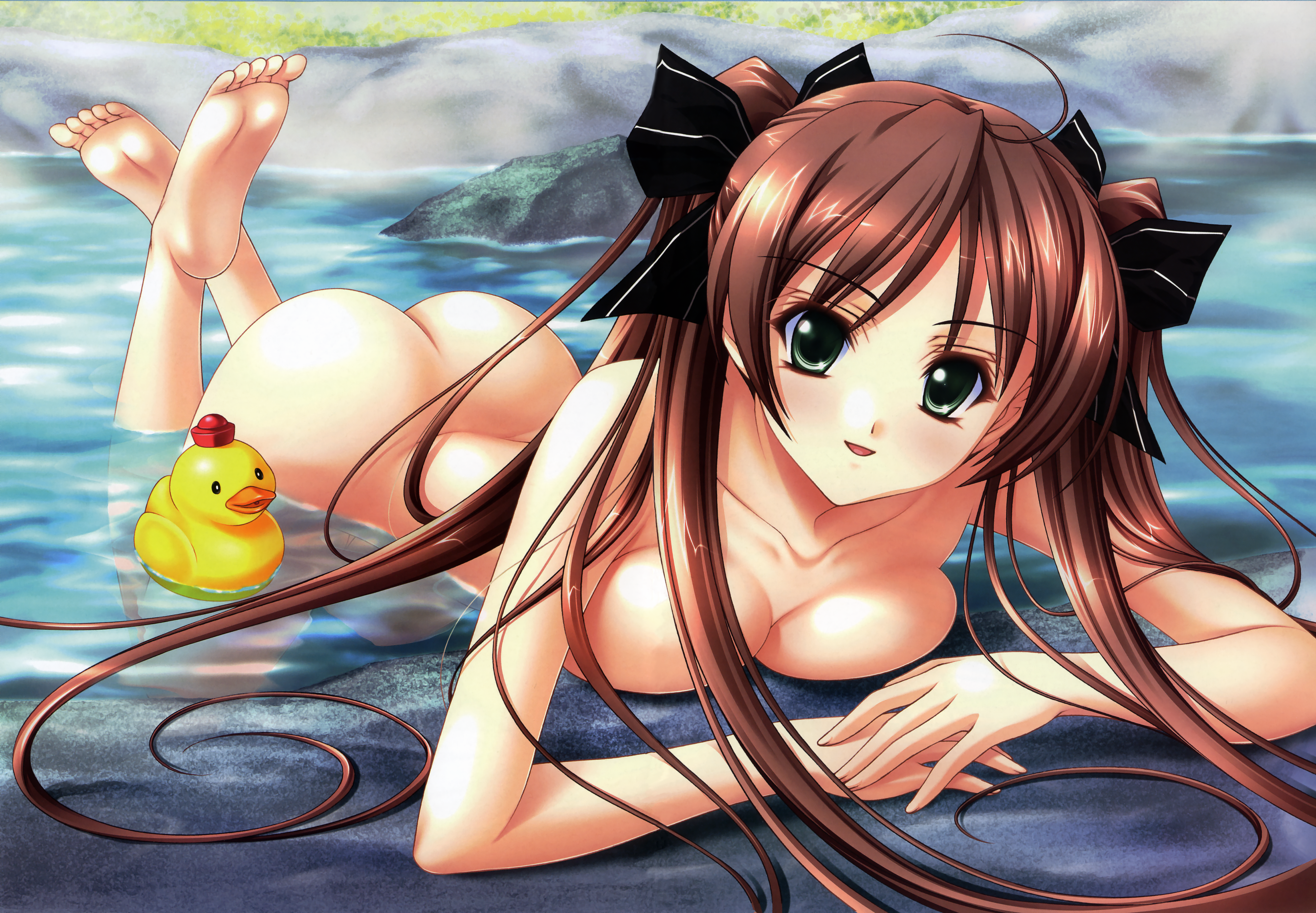 sakashita fubuki, iseya nami, custard (company), kokoro hokenshitsu, absurdres, highres, huge filesize, 1girl, ass, barefoot, bath, breast press, breasts, brown hair, feet, female focus, hair ribbon, large breasts, long hair, lying, nude, onsen, ribbon, rubber duck, solo, twintails, water, wet