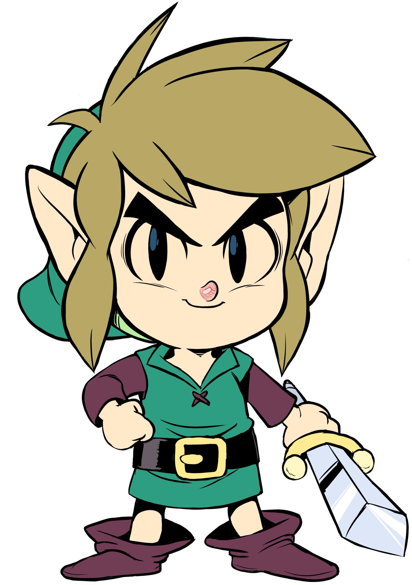 teevo, link, nintendo, the legend of zelda, the legend of zelda: link's awakening, belt, blonde hair, hand on own hip, holding, holding sword, holding weapon, left-handed, looking at viewer, pointy ears, red nose, stocking cap, sword, tumblr nose, tunic, weapon